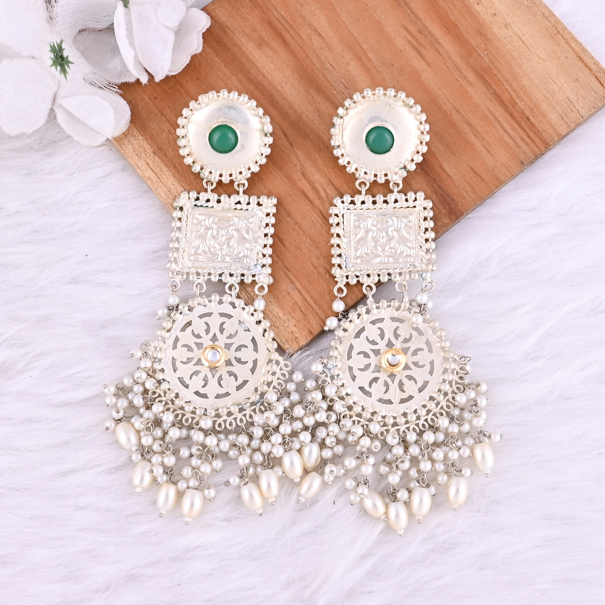 Green Onyx Kundan Pearl Stone German Silver Ethnic Design Dangle Earring