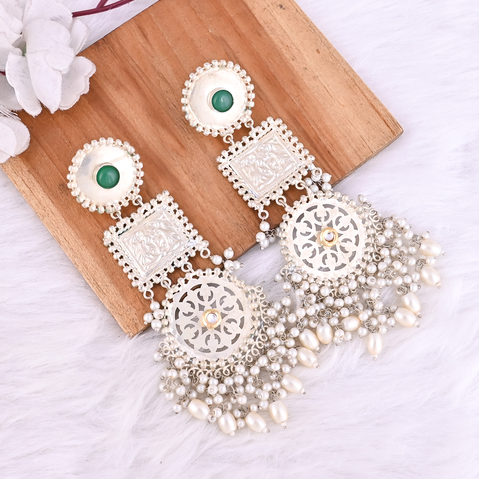 Green Onyx Kundan Pearl Stone German Silver Ethnic Design Dangle Earring