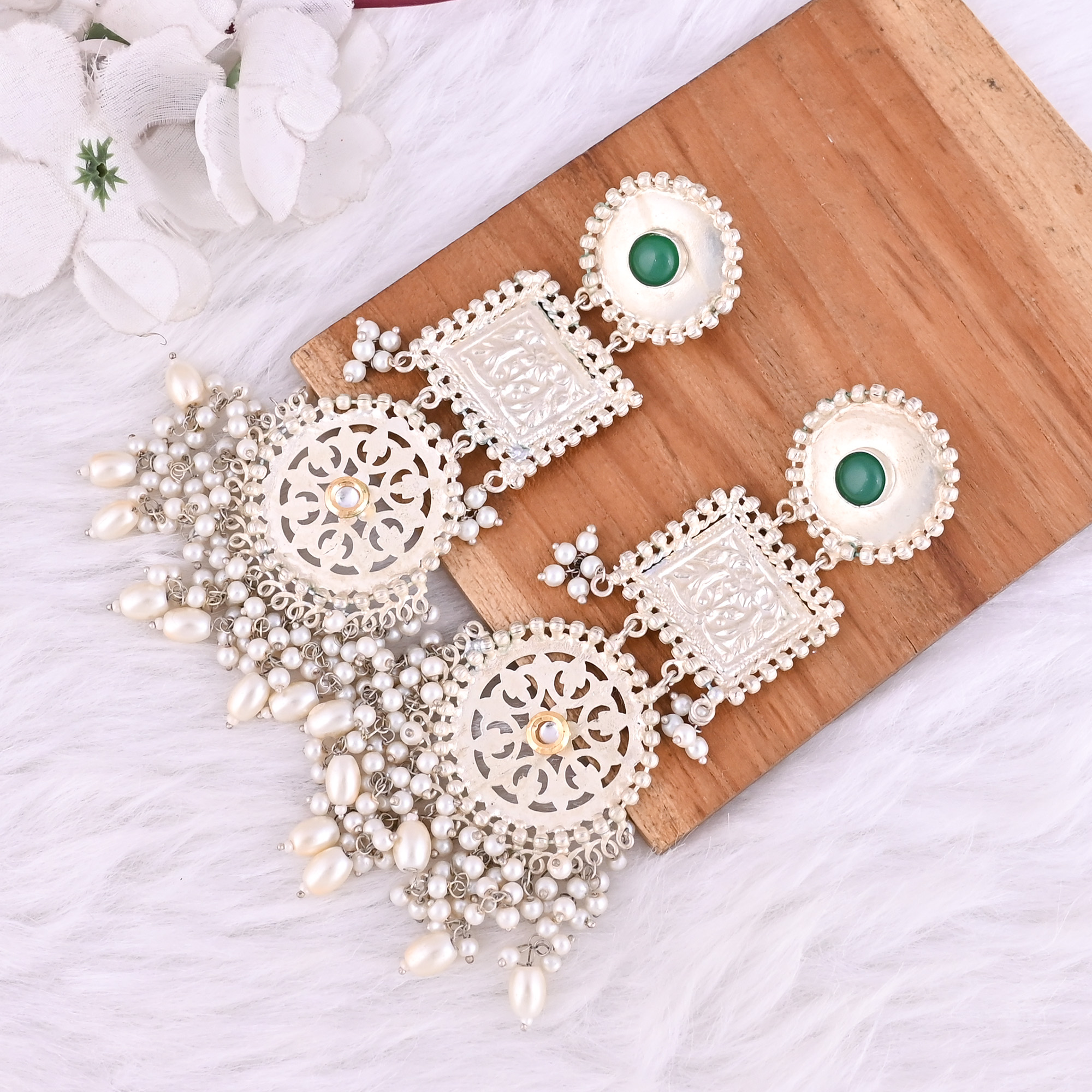 Green Onyx Kundan Pearl Stone German Silver Ethnic Design Dangle Earring