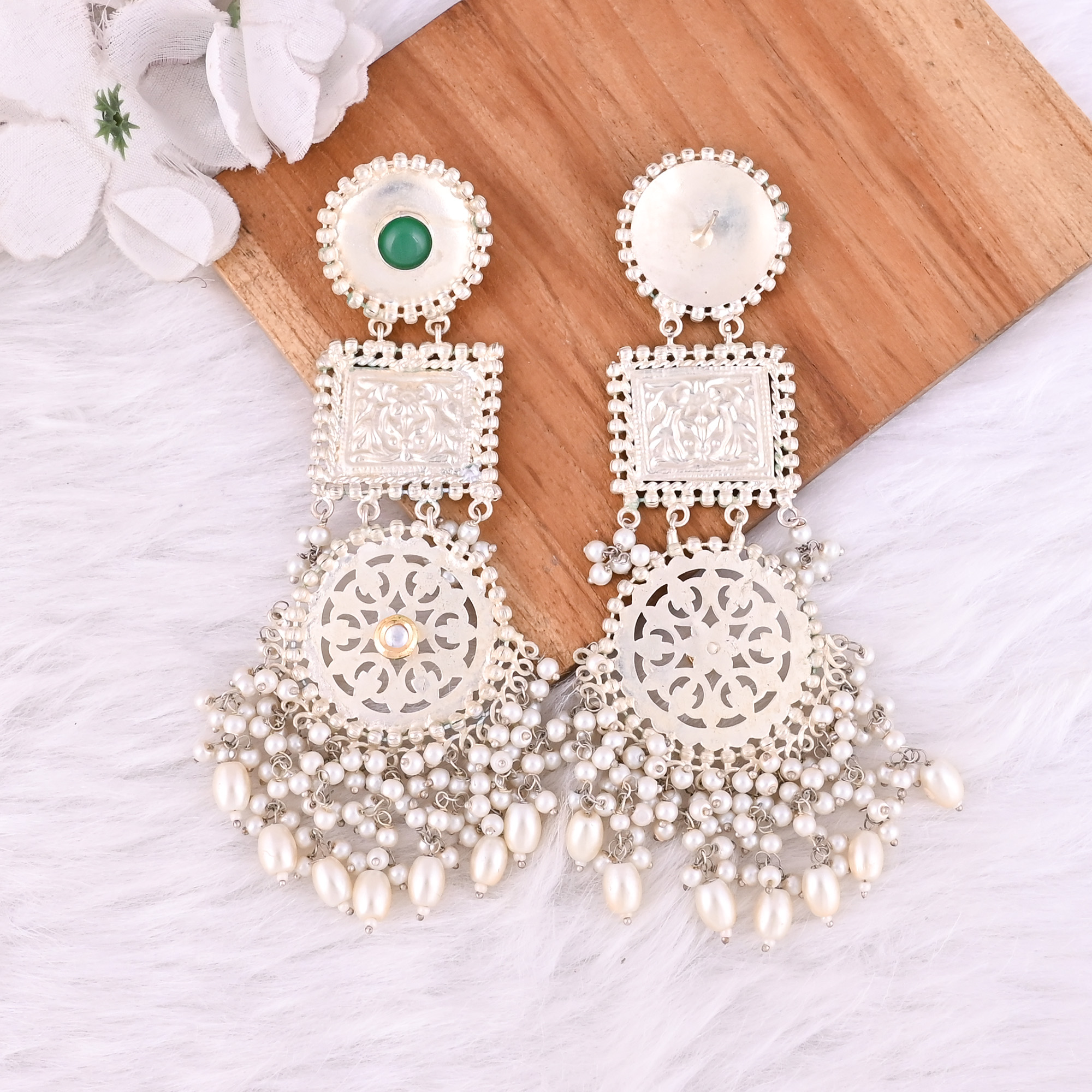 Green Onyx Kundan Pearl Stone German Silver Ethnic Design Dangle Earring