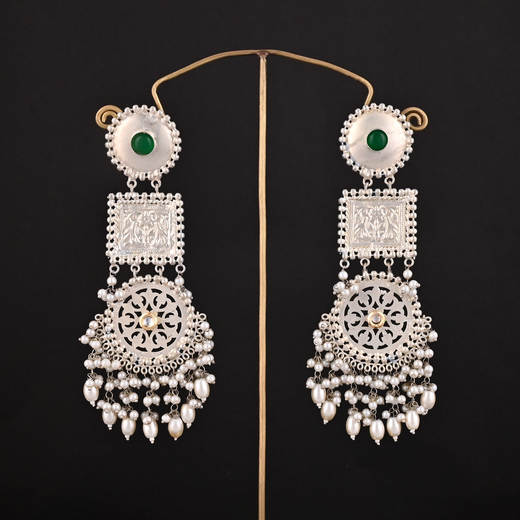 Green Onyx Kundan Pearl Stone German Silver Ethnic Design Dangle Earring