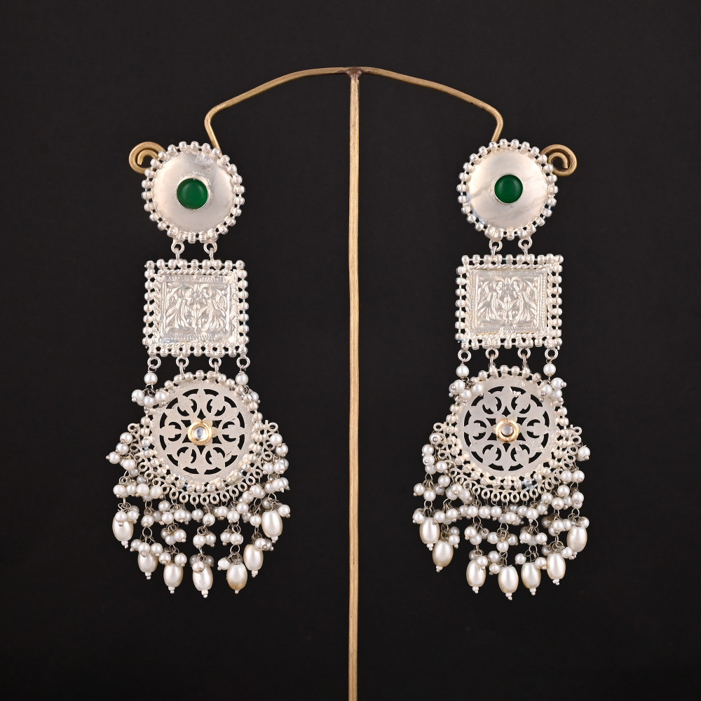 Image of Green Onyx, Kundan, Pearl Stone German Silver Ethnic Design Dangle Earring