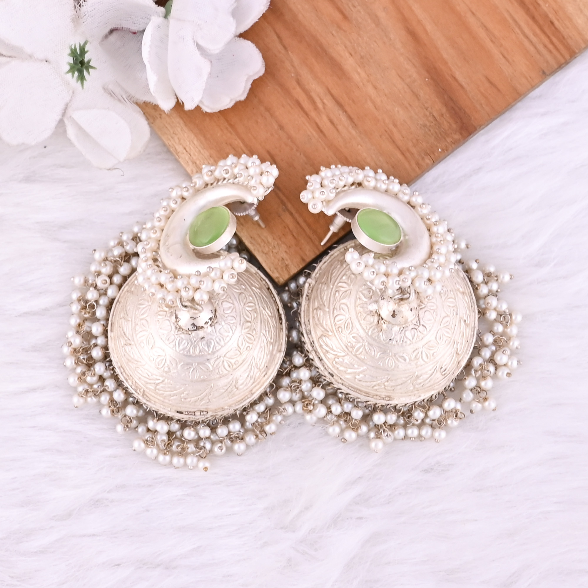 Light Green Catseye Pearl Stone German Silver Ethnic Design Jhumka Earring