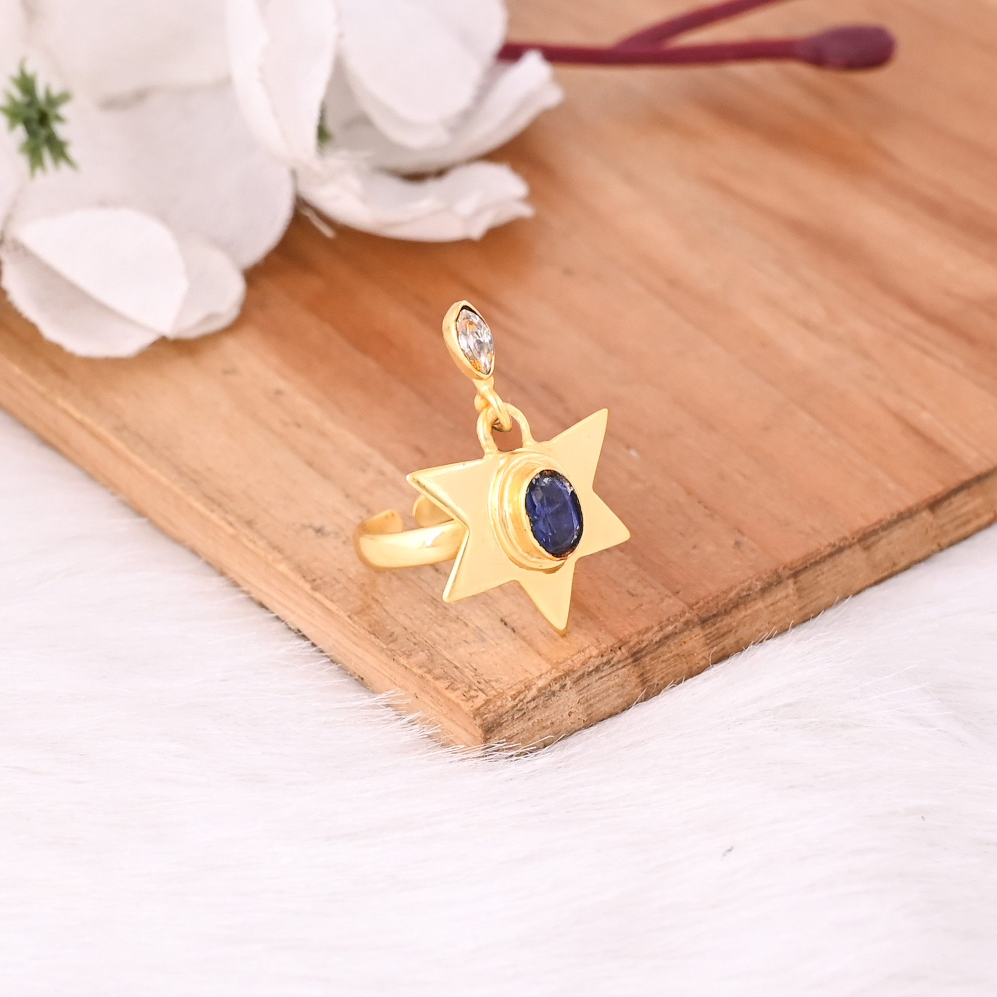 Solid 925 Sterling Silver Blue Kyanite Gemstone Yellow Gold Plated Star Designer Womens Ring Jewelry Bridesmaid Gifts