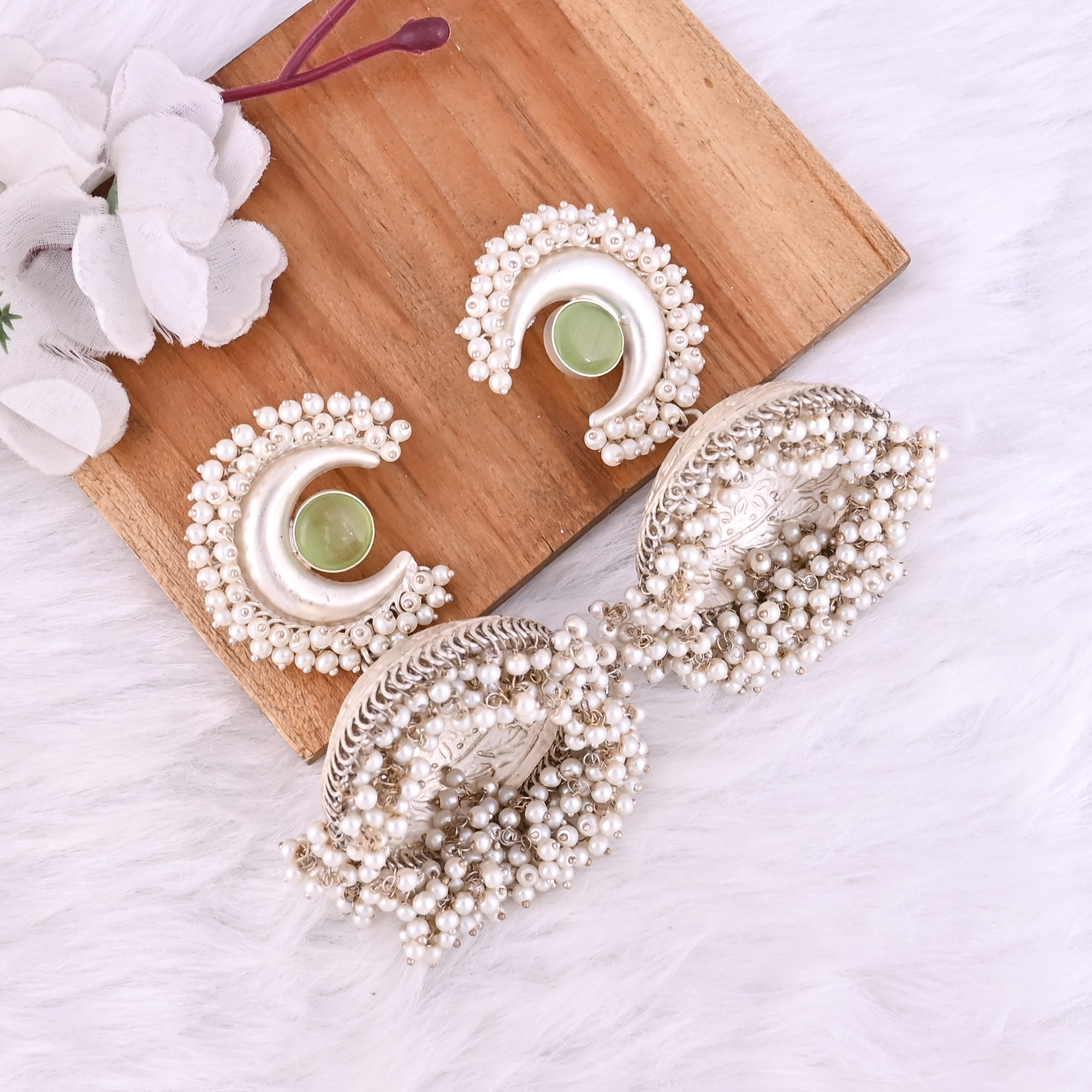 Light Green Catseye Pearl Stone German Silver Ethnic Design Jhumka Earring