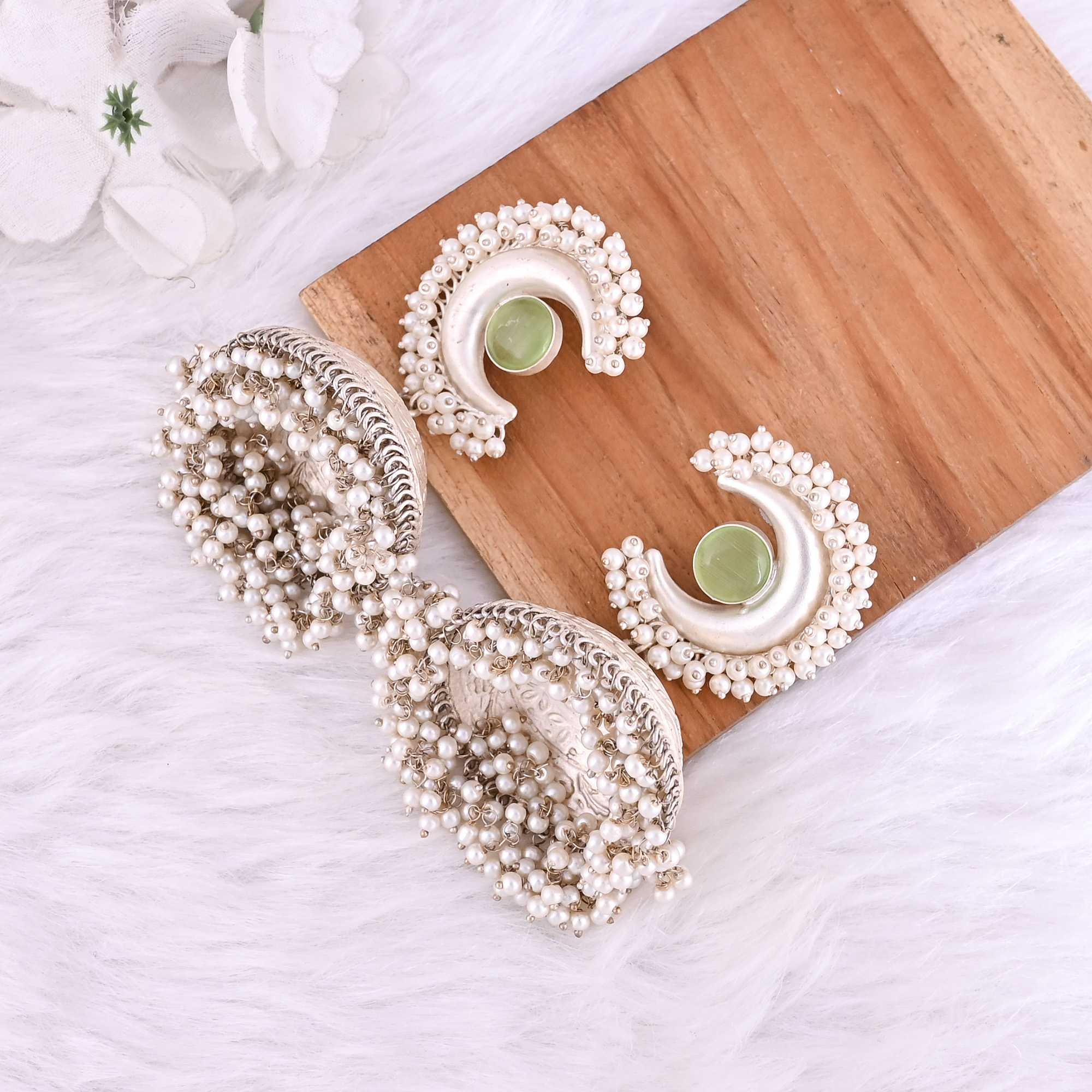 Light Green Catseye Pearl Stone German Silver Ethnic Design Jhumka Earring