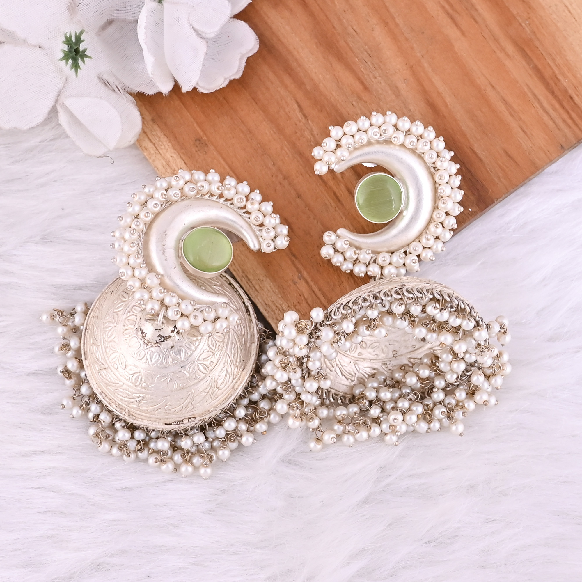 Light Green Catseye Pearl Stone German Silver Ethnic Design Jhumka Earring