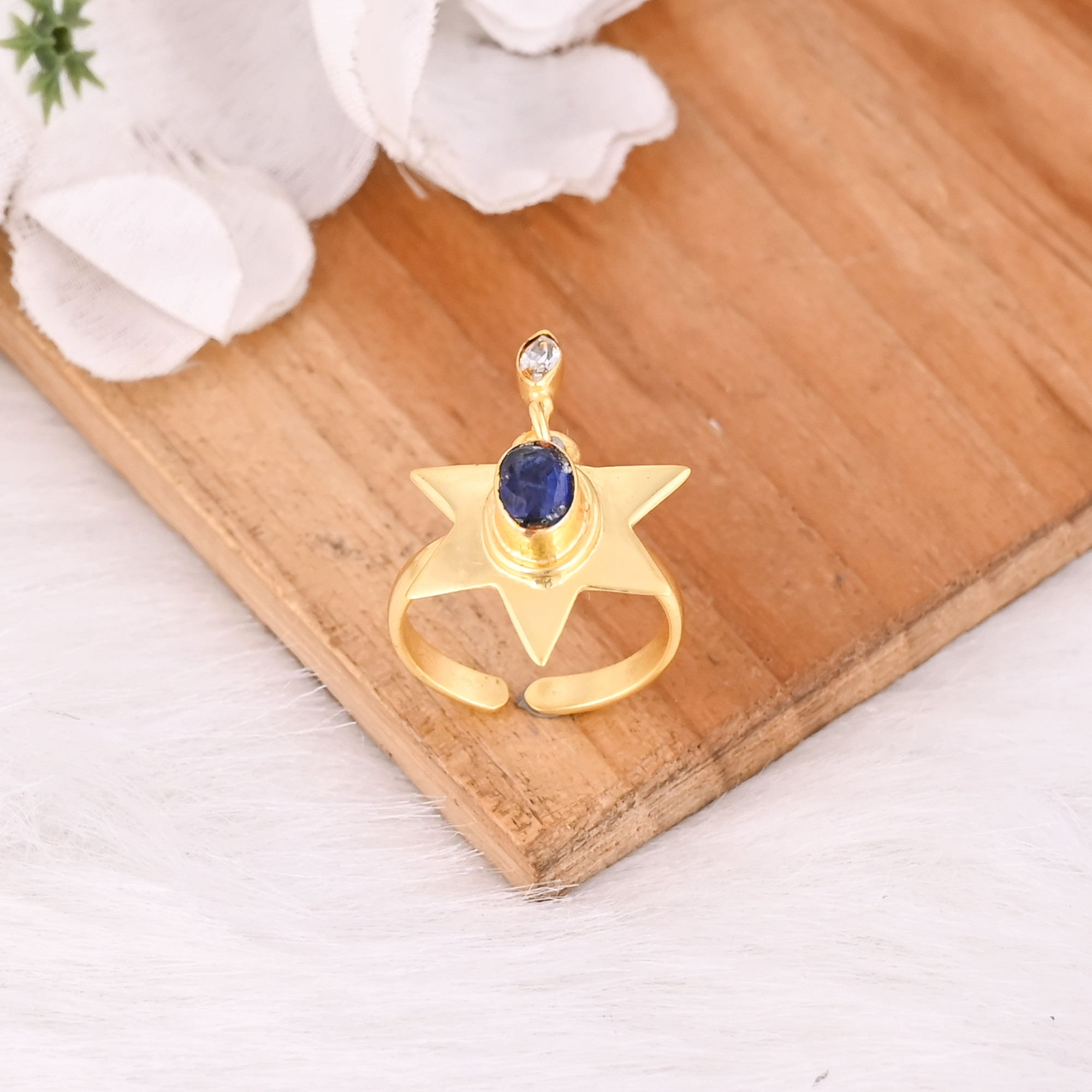 Solid 925 Sterling Silver Blue Kyanite Gemstone Yellow Gold Plated Star Designer Womens Ring Jewelry Bridesmaid Gifts