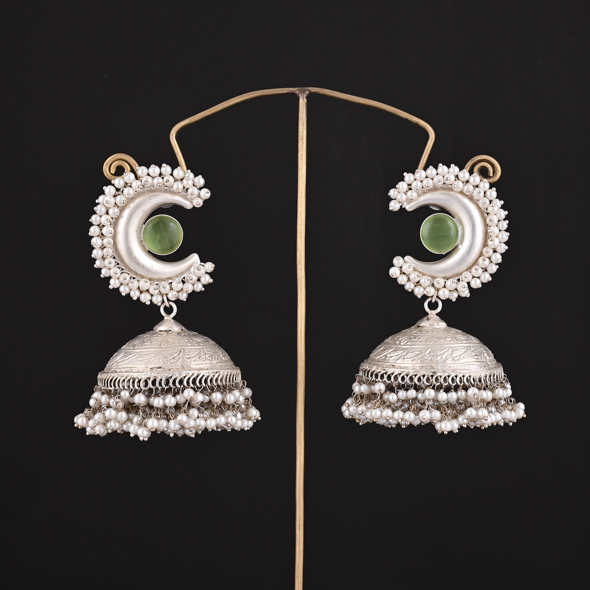 Light Green Catseye Pearl Stone German Silver Ethnic Design Jhumka Earring