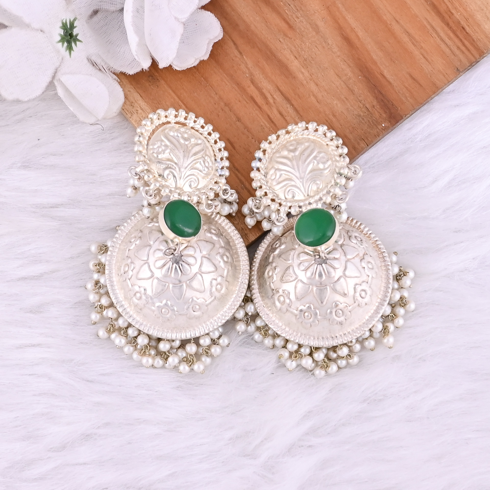 Green Onyx Pearl Stone German Silver Ethnic Design Big Jhumka Earring