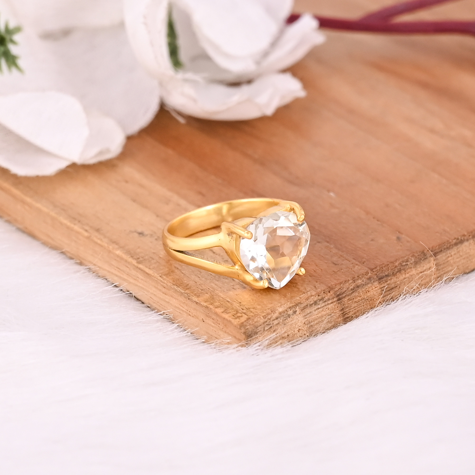 Solid 925 Sterling Silver Yellow Gold Plated Crystal Quartz Heart Gemstone Handmade Stackable Prong Setting Ring