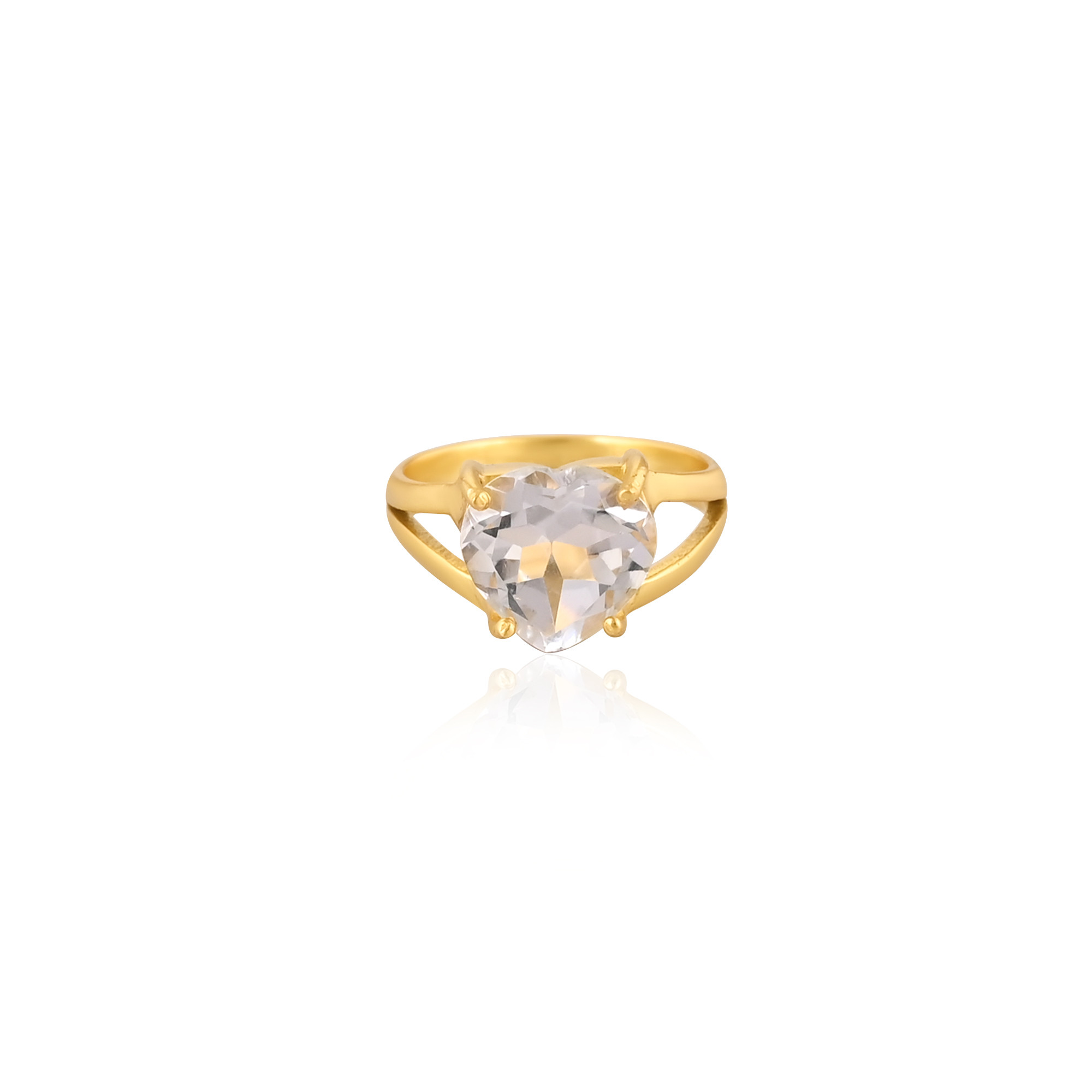 Solid 925 Sterling Silver Yellow Gold Plated Crystal Quartz Heart Gemstone Handmade Stackable Prong Setting Ring
