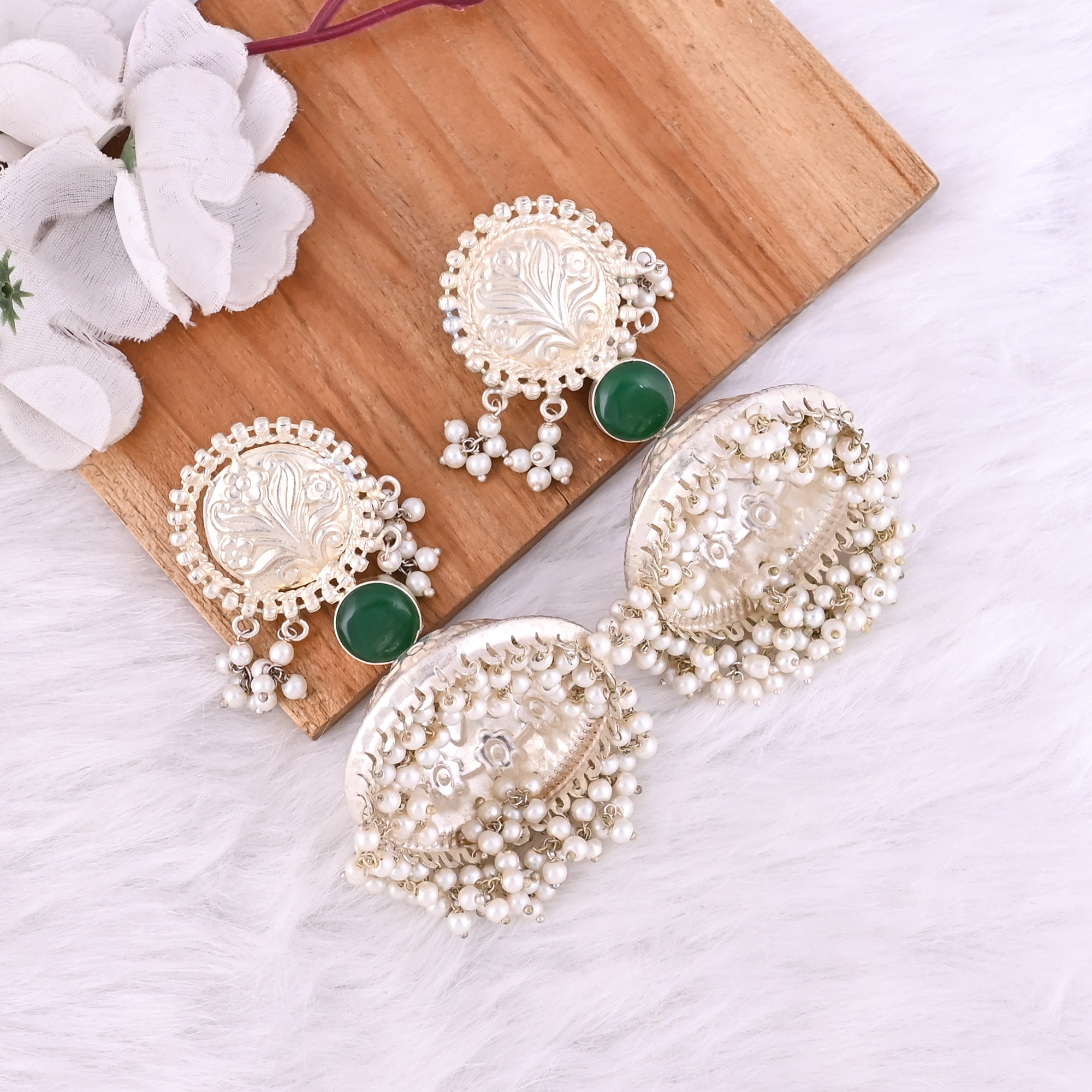 Green Onyx Pearl Stone German Silver Ethnic Design Big Jhumka Earring