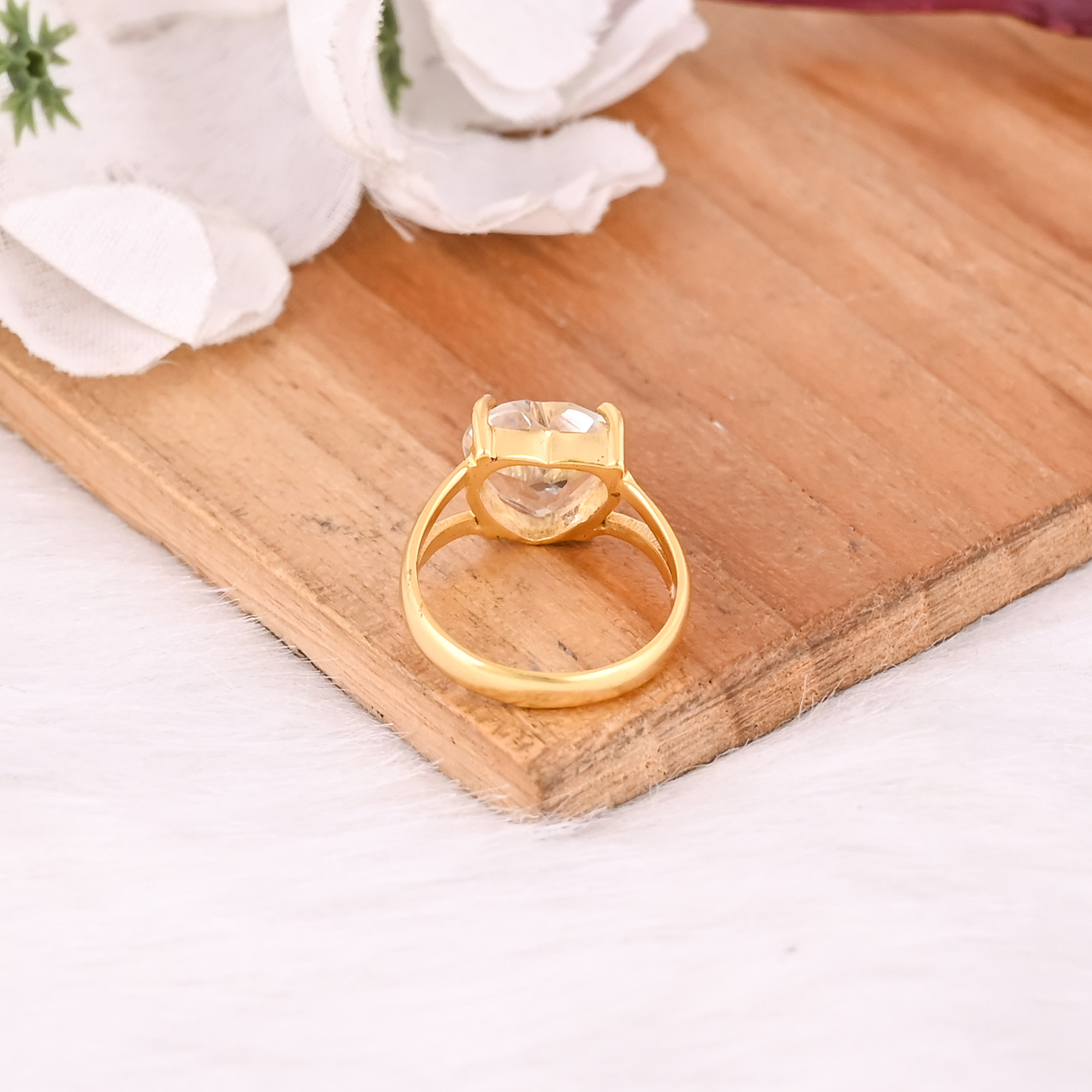 Solid 925 Sterling Silver Yellow Gold Plated Crystal Quartz Heart Gemstone Handmade Stackable Prong Setting Ring