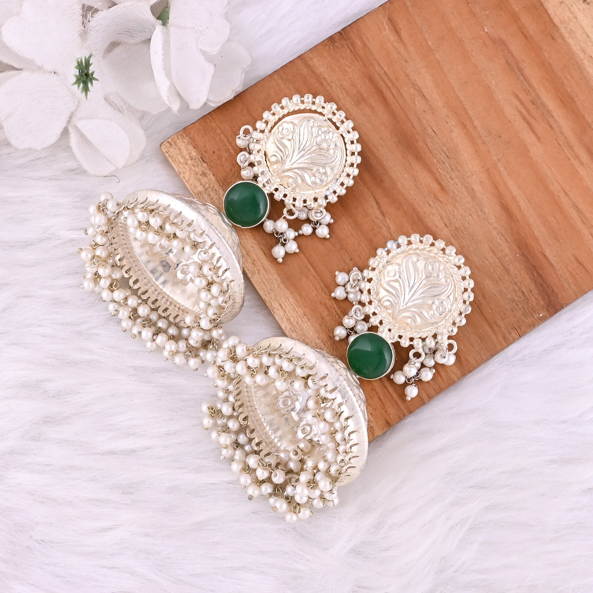 Green Onyx Pearl Stone German Silver Ethnic Design Big Jhumka Earring
