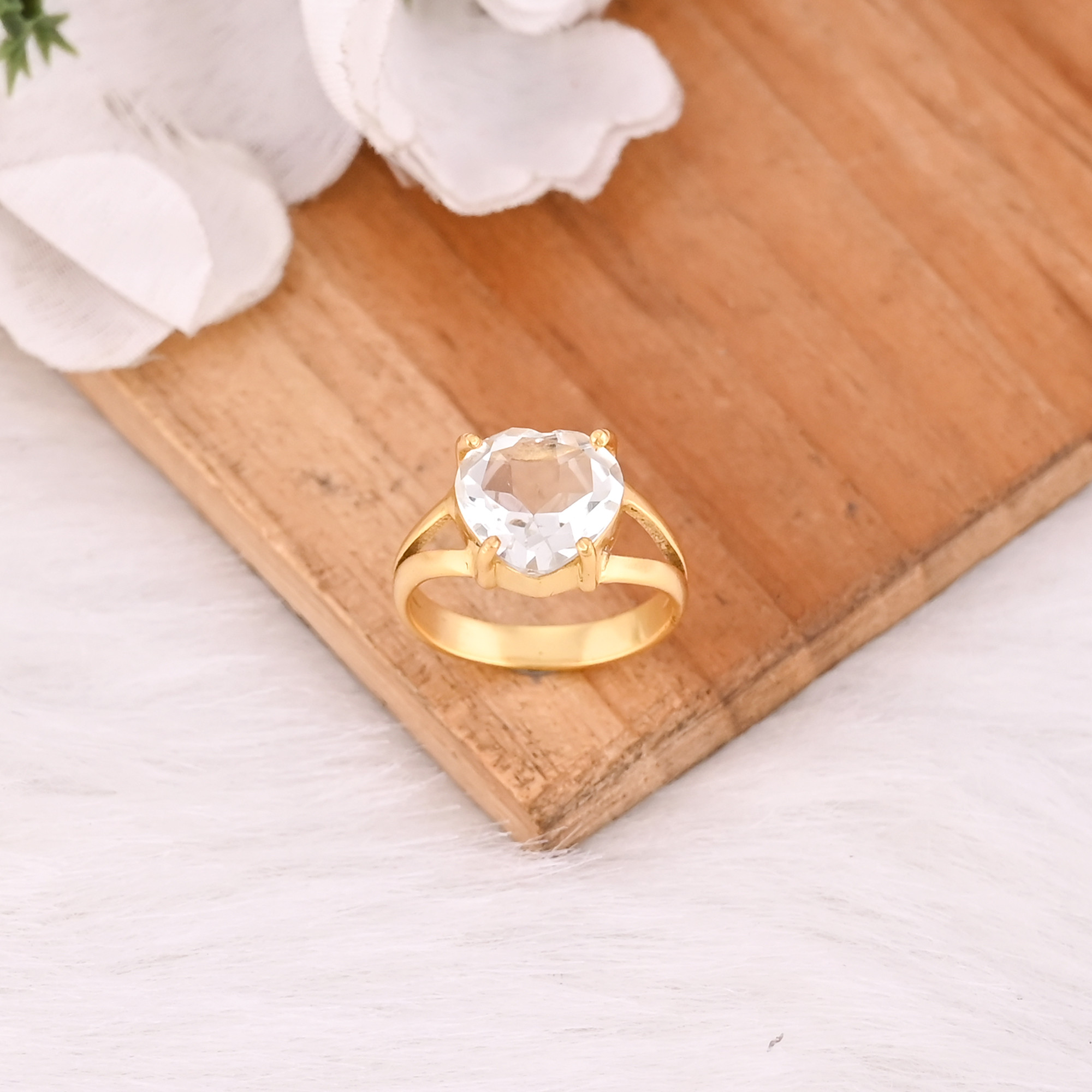 Solid 925 Sterling Silver Yellow Gold Plated Crystal Quartz Heart Gemstone Handmade Stackable Prong Setting Ring