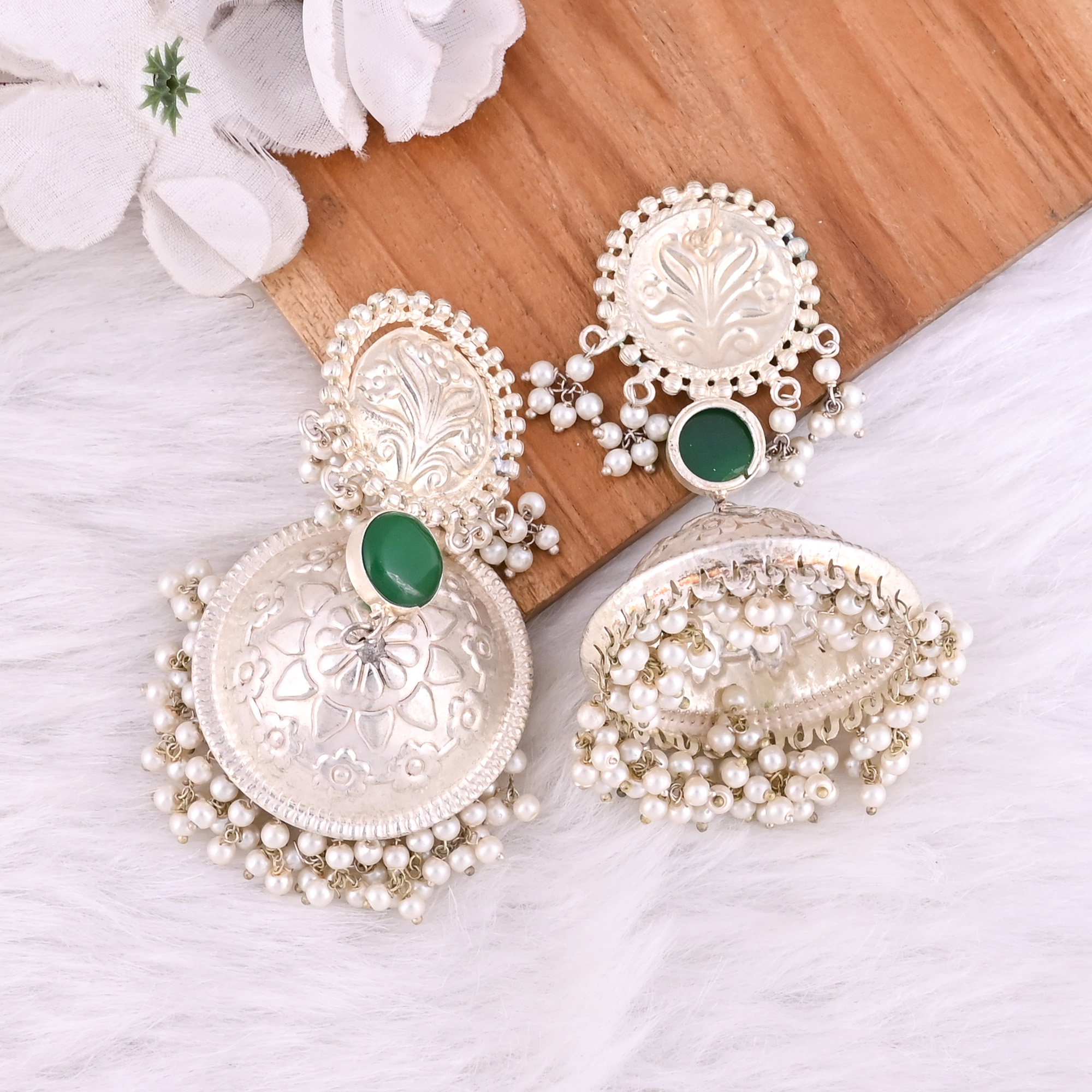 Green Onyx Pearl Stone German Silver Ethnic Design Big Jhumka Earring