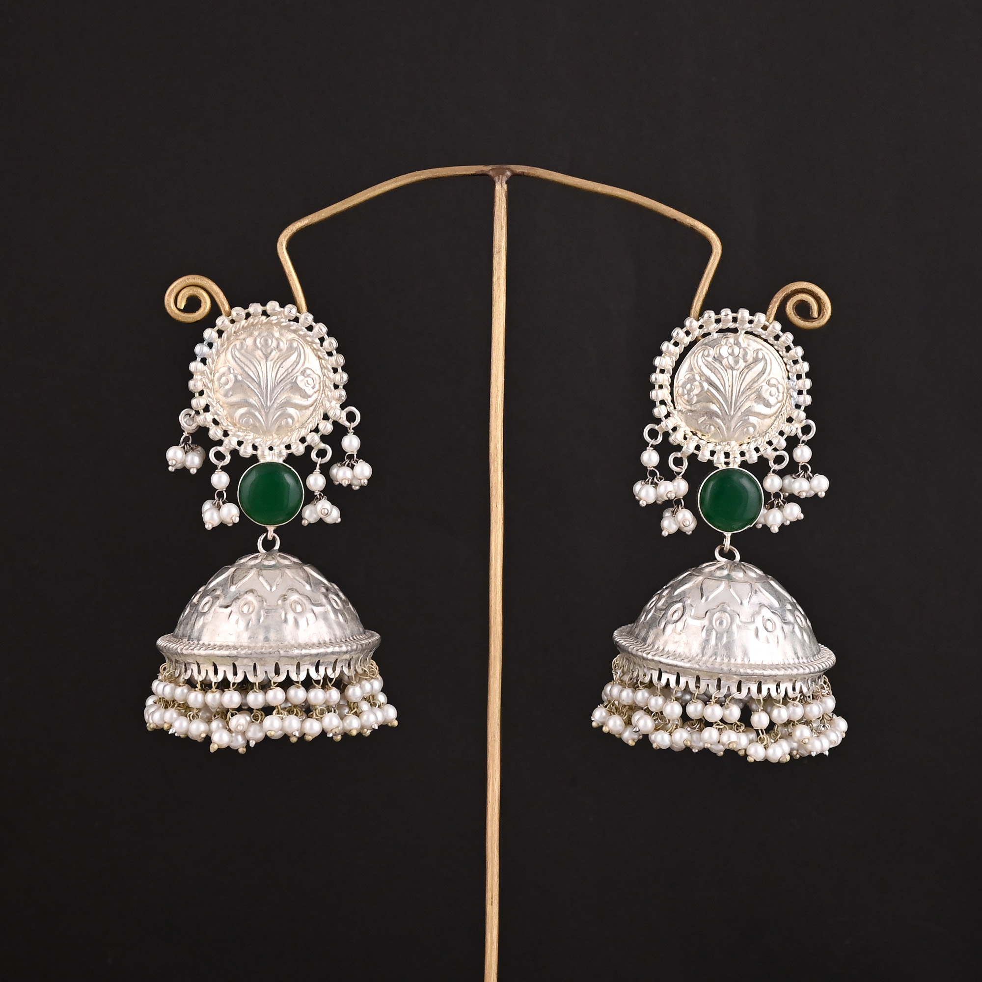 Green Onyx Pearl Stone German Silver Ethnic Design Big Jhumka Earring