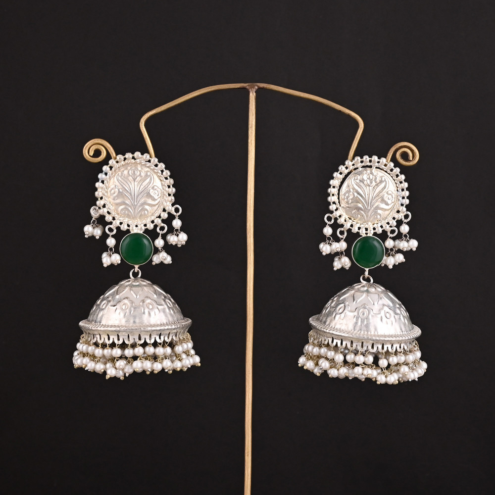 Image of Green Onyx, Pearl Stone German Silver Ethnic Design Big Jhumka Earring