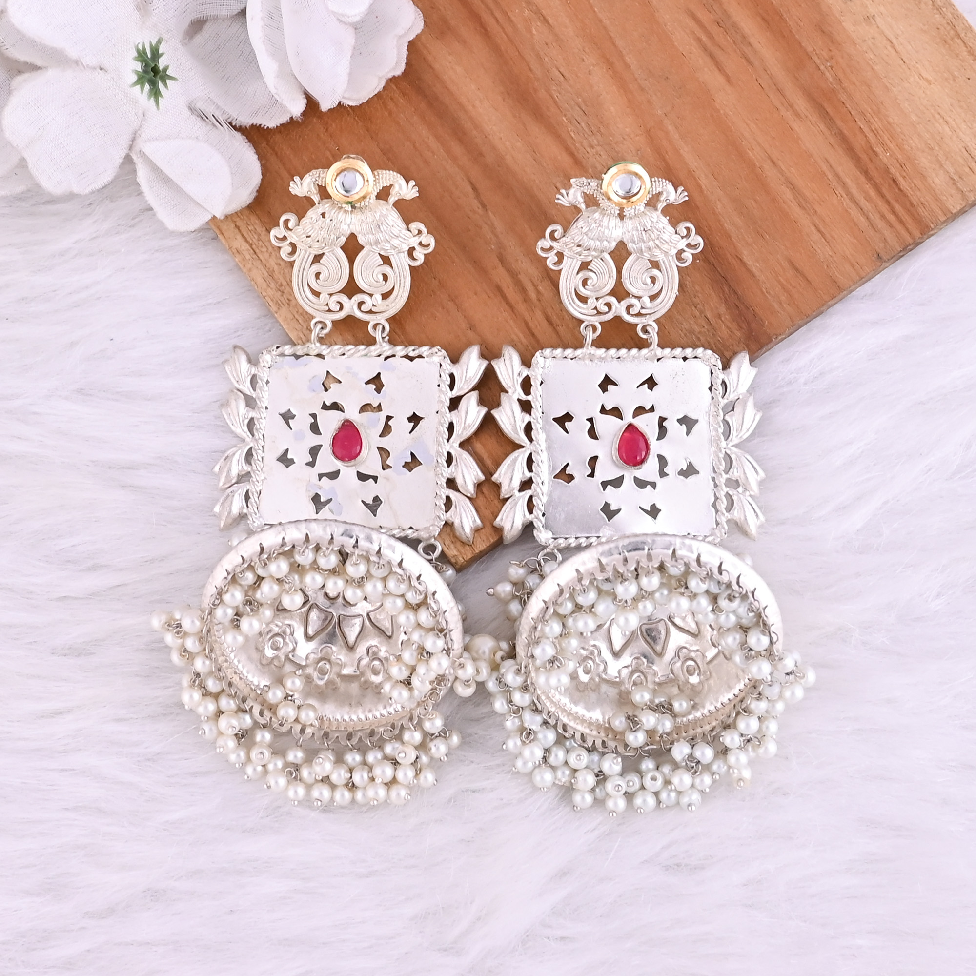 Pink Hydro Kundan Pearl Stone German Silver Ethnic Design Dangle Earring