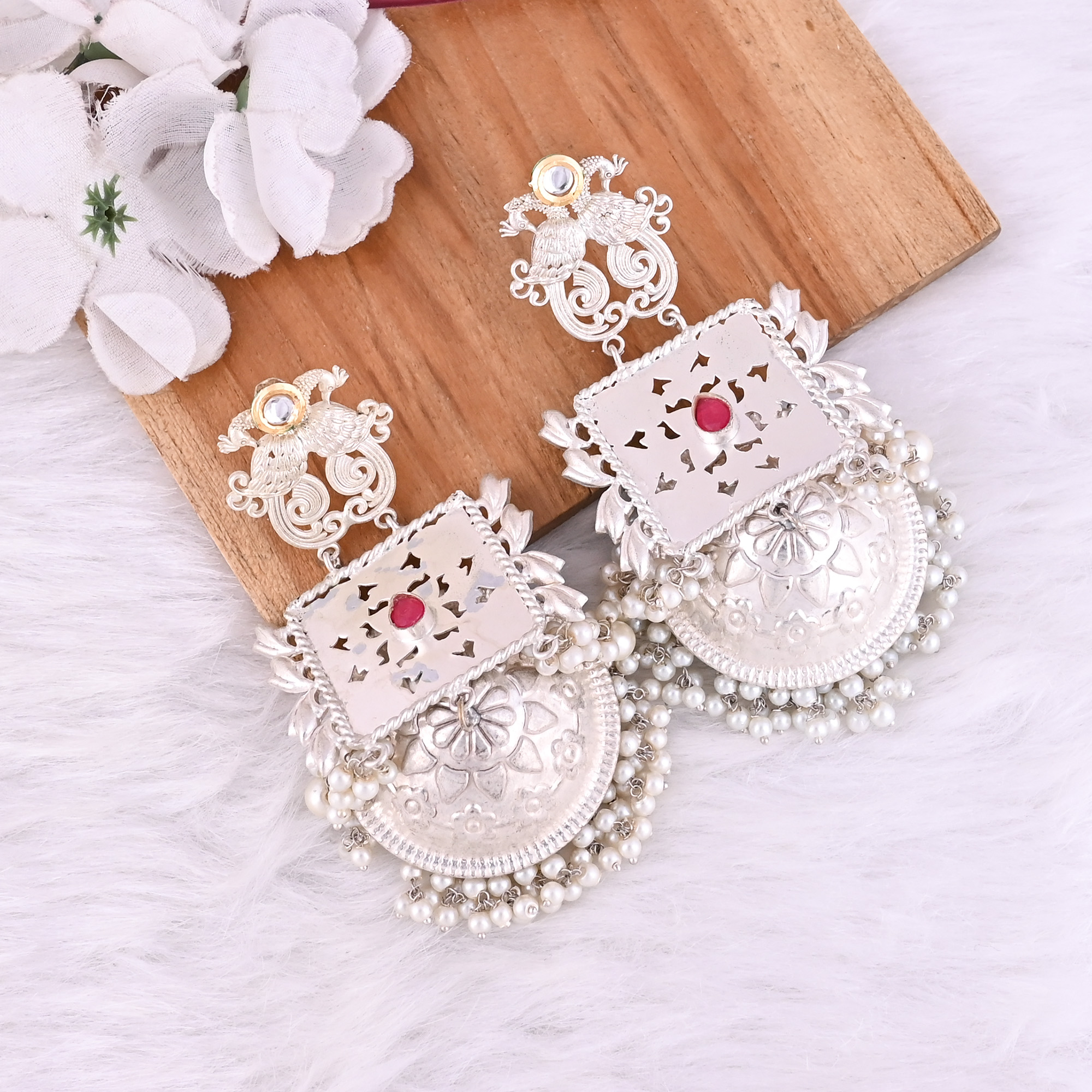 Pink Hydro Kundan Pearl Stone German Silver Ethnic Design Dangle Earring