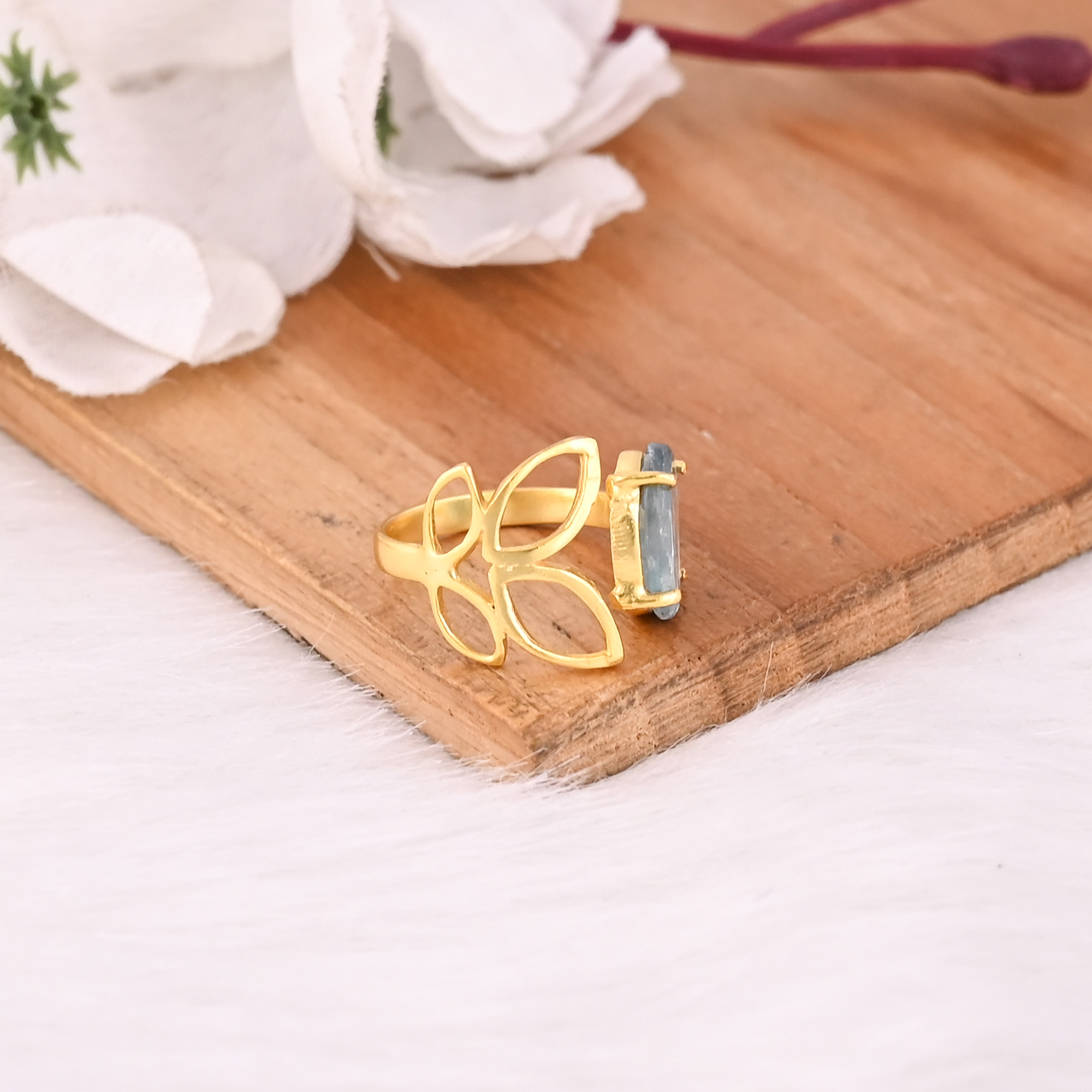 Solid 925 Sterling Silver Aqua Kyanite Gemstone Yellow Gold Plated Designer Unique Gift Wholesale Ring