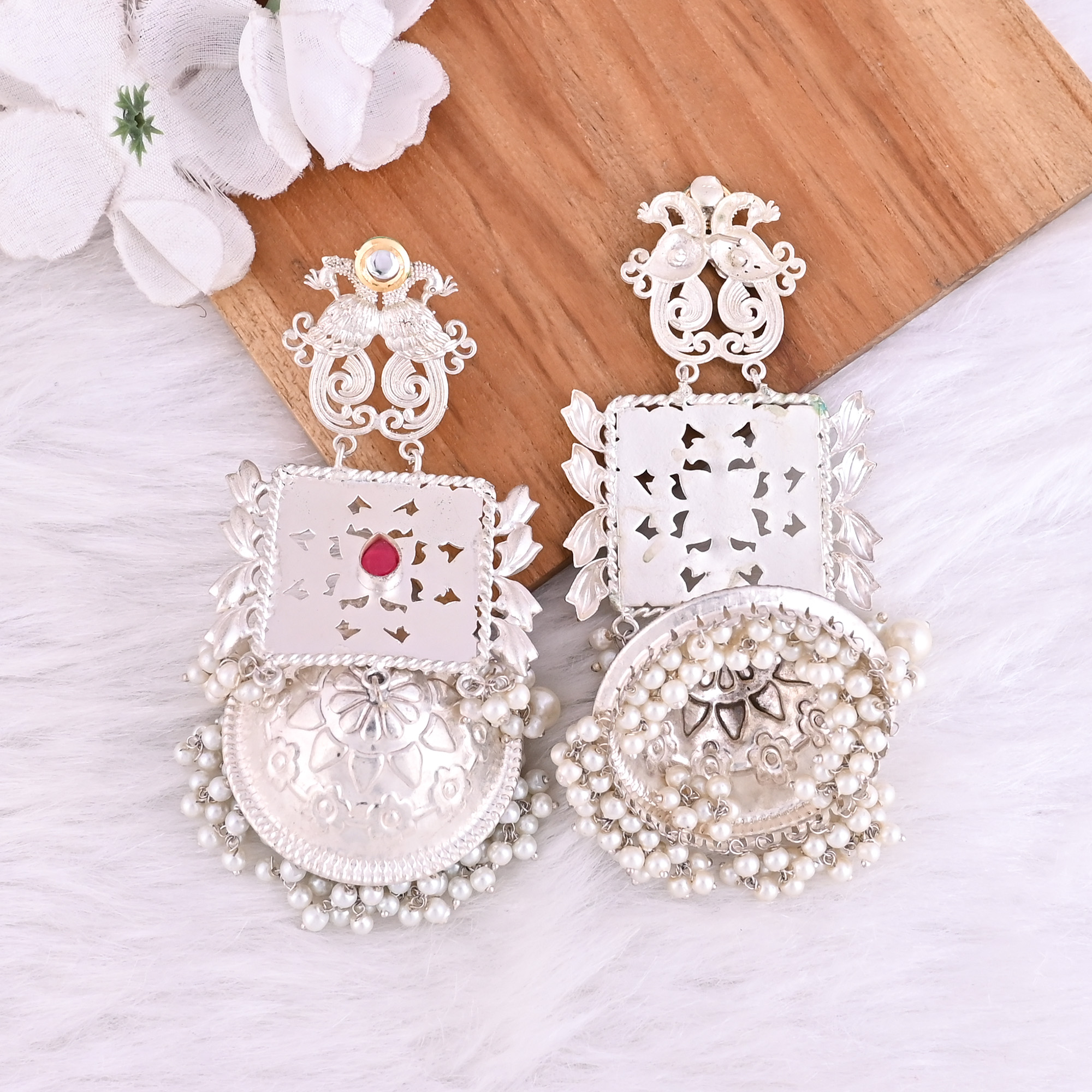 Pink Hydro Kundan Pearl Stone German Silver Ethnic Design Dangle Earring