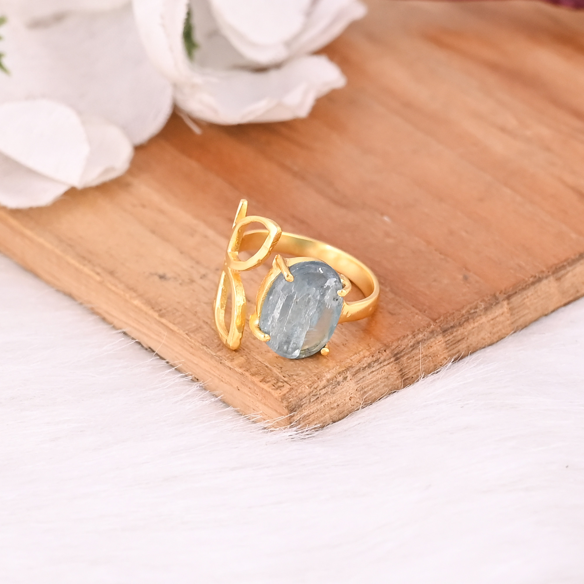 Solid 925 Sterling Silver Aqua Kyanite Gemstone Yellow Gold Plated Designer Unique Gift Wholesale Ring