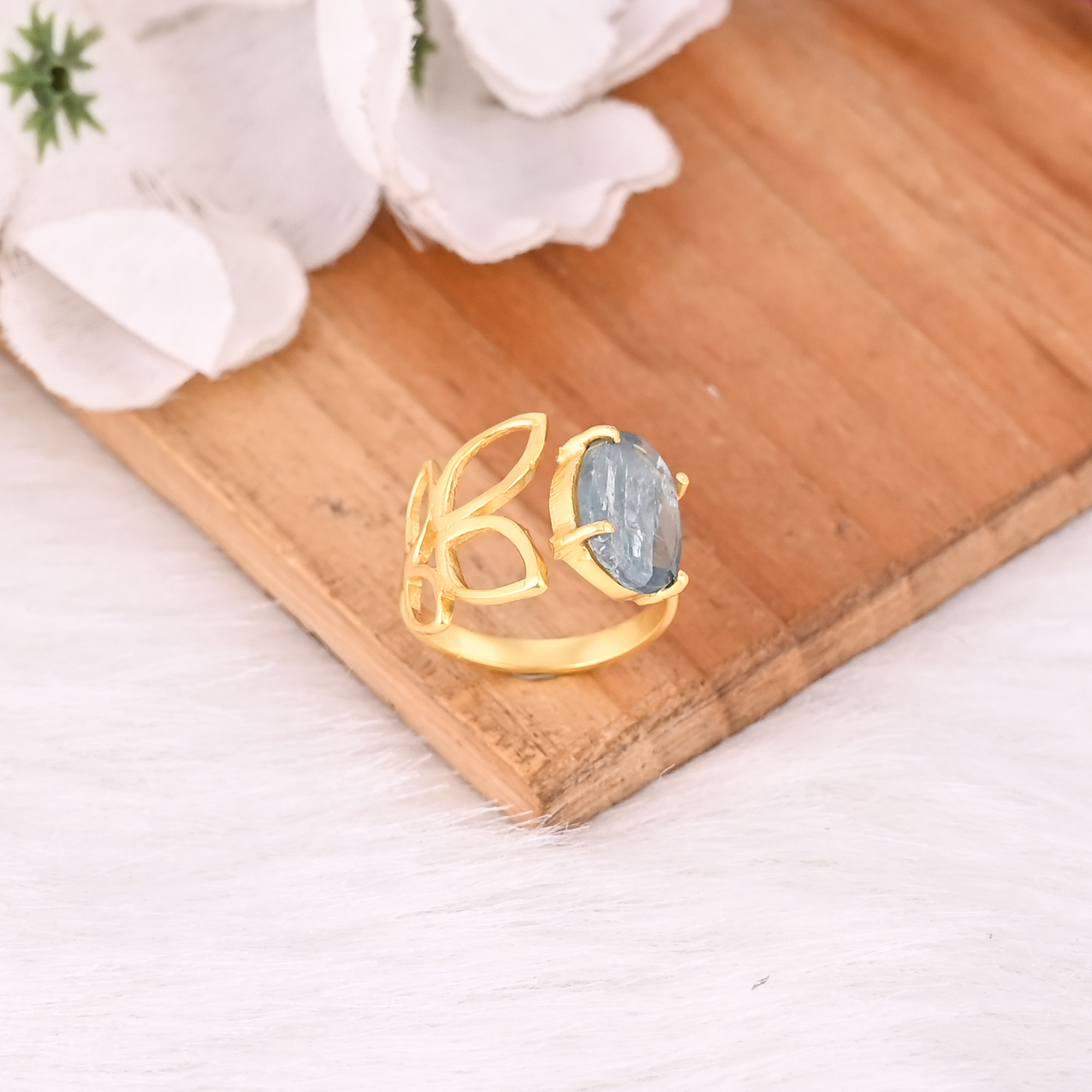 Solid 925 Sterling Silver Aqua Kyanite Gemstone Yellow Gold Plated Designer Unique Gift Wholesale Ring