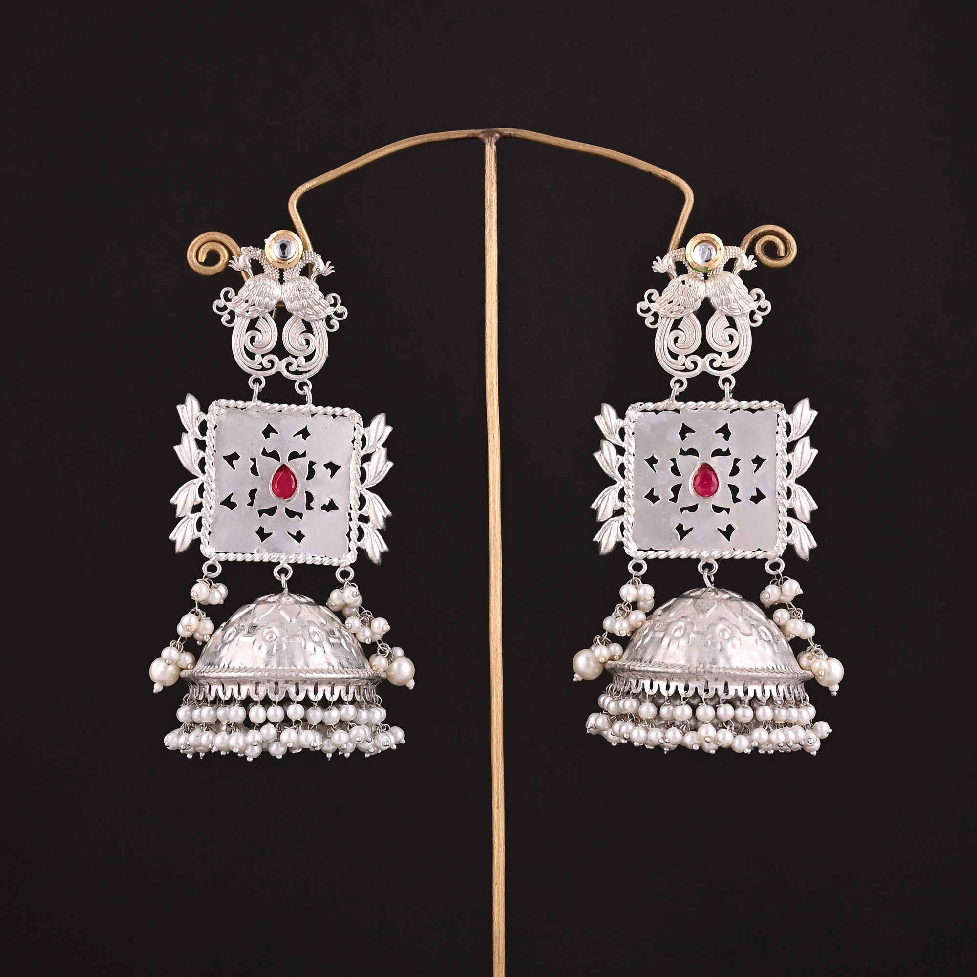 Pink Hydro Kundan Pearl Stone German Silver Ethnic Design Dangle Earring