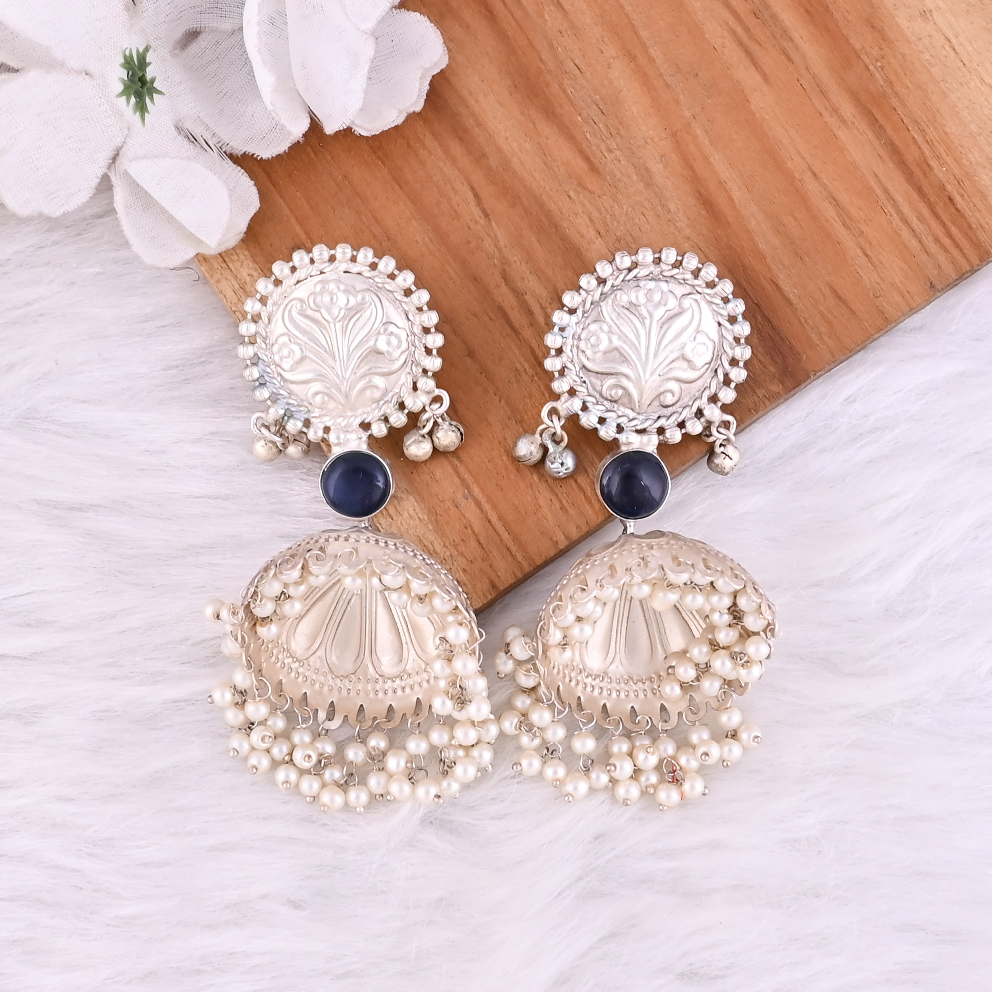Ink Blue Hydro Pearl Stone German Silver Ethnic Design Dangle Earring