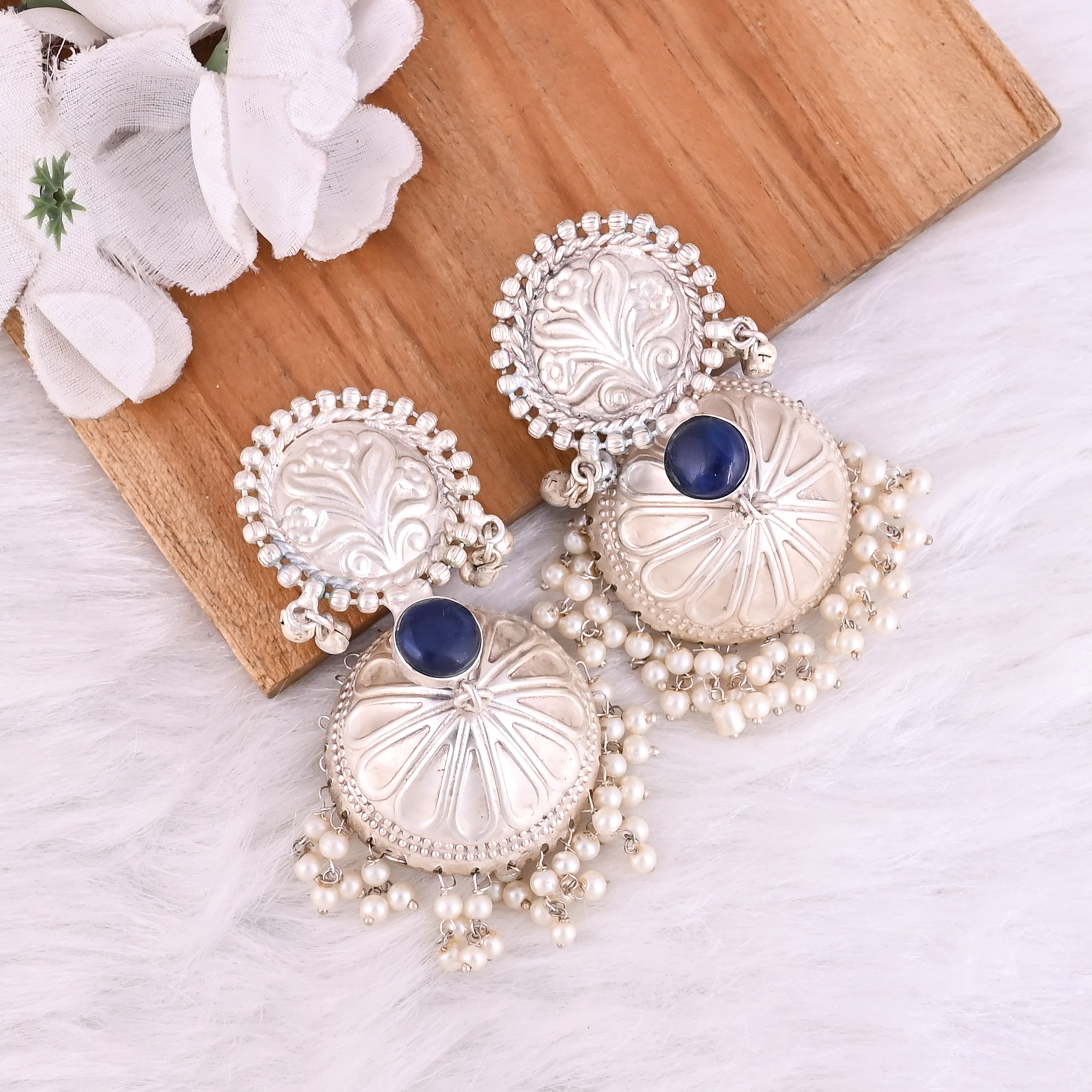 Ink Blue Hydro Pearl Stone German Silver Ethnic Design Dangle Earring