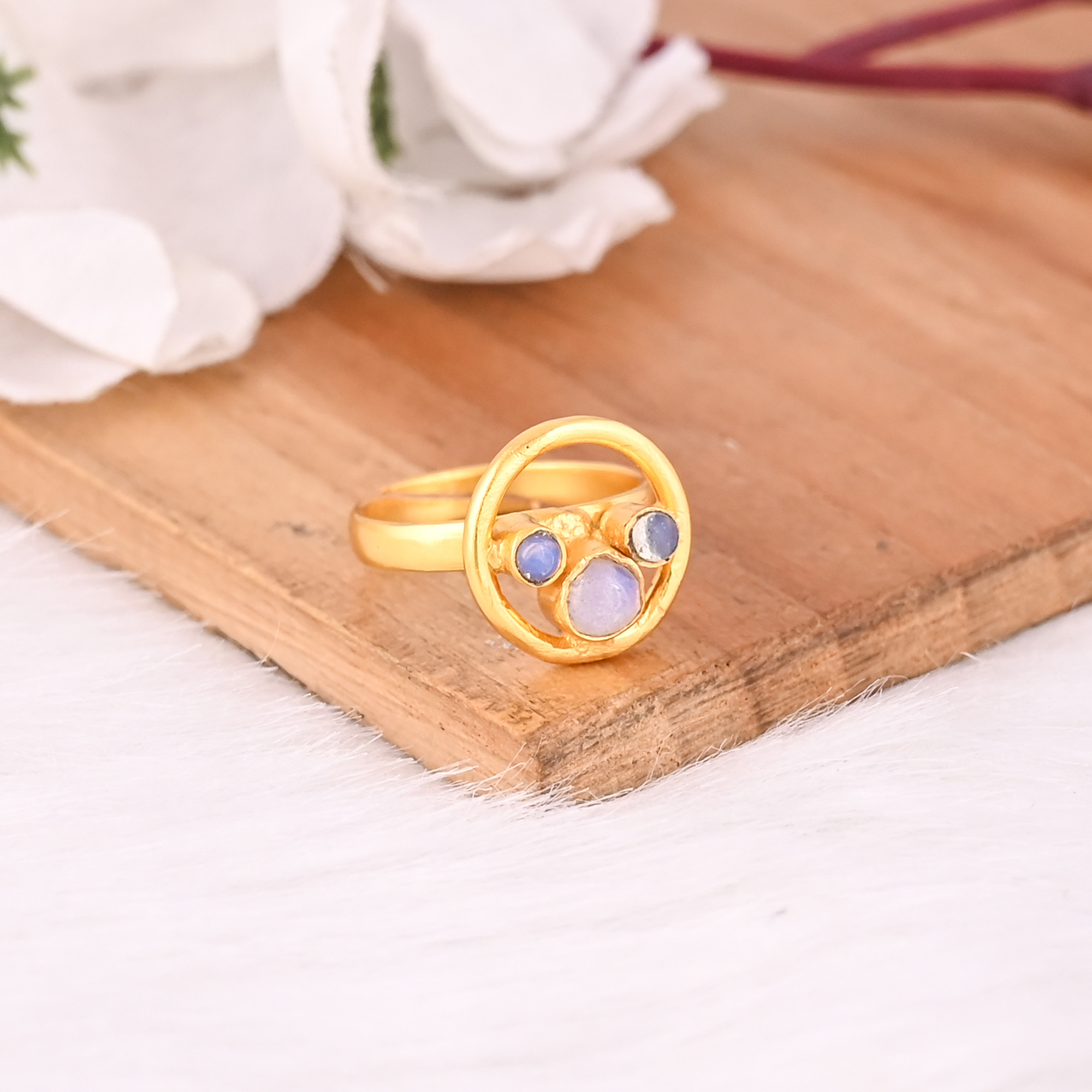 Solid 925 Sterling Silver Opalite Hydro Gemstone Yellow Gold Plated Handmade Adjustable Ring Designer Jewelry