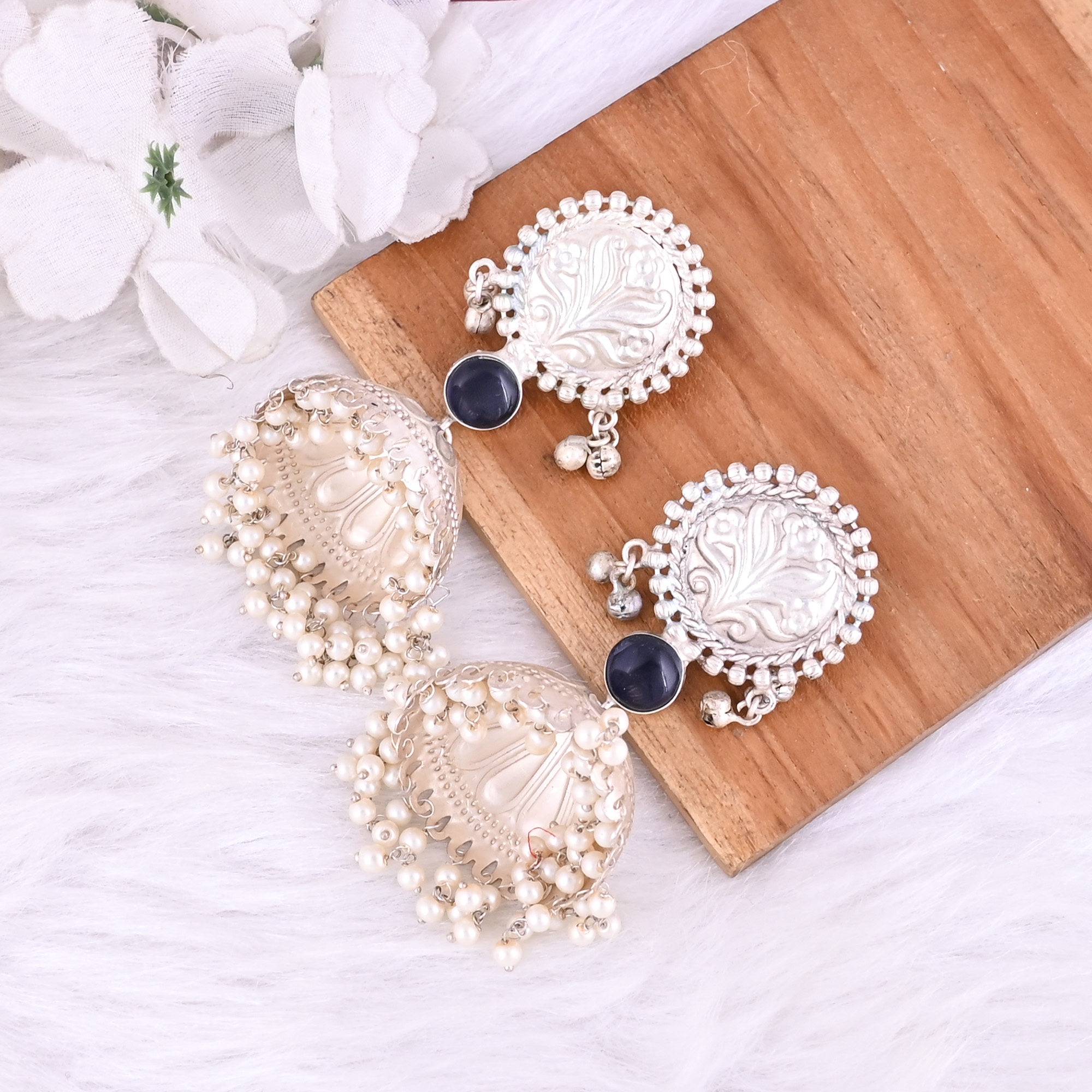 Ink Blue Hydro Pearl Stone German Silver Ethnic Design Dangle Earring