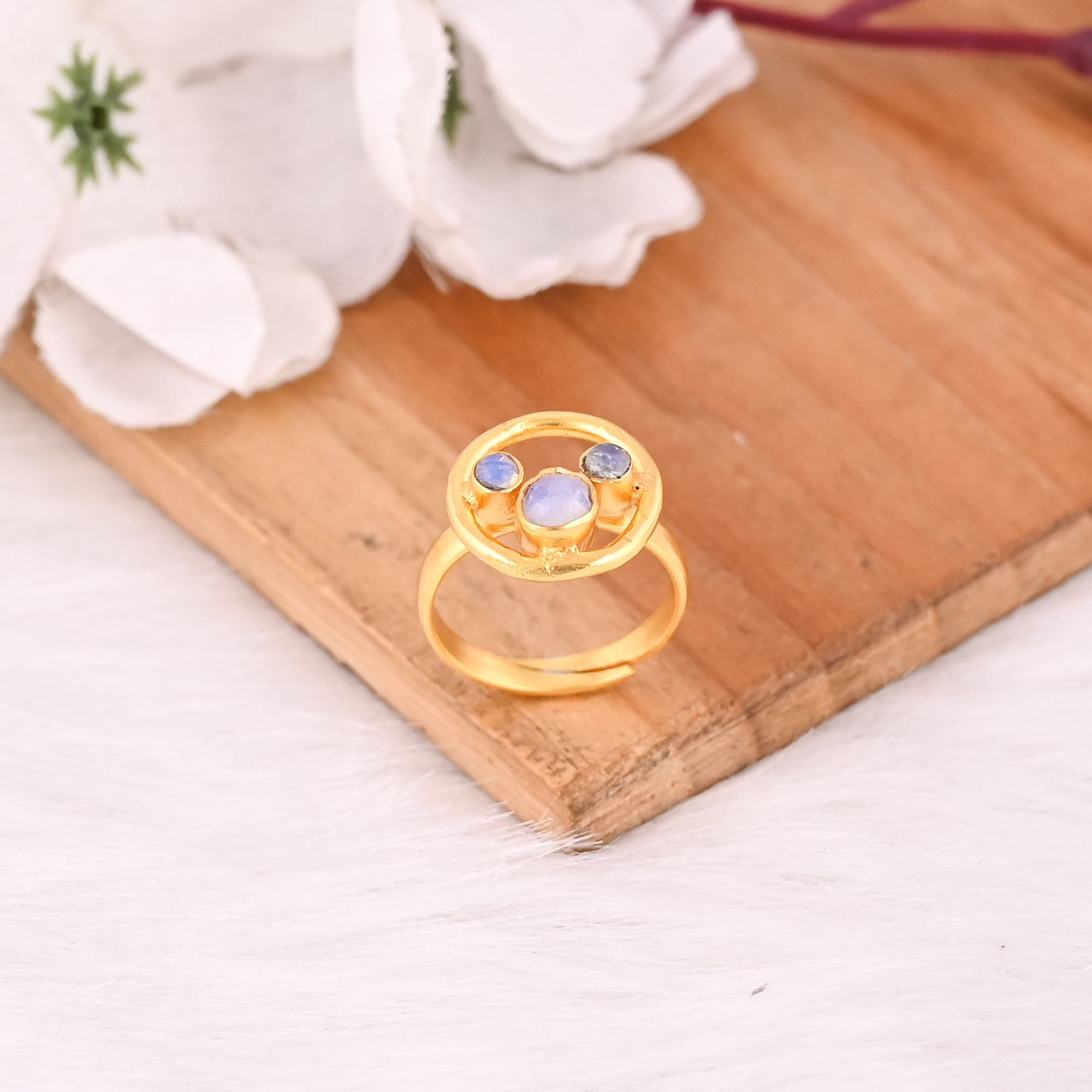Solid 925 Sterling Silver Opalite Hydro Gemstone Yellow Gold Plated Handmade Adjustable Ring Designer Jewelry