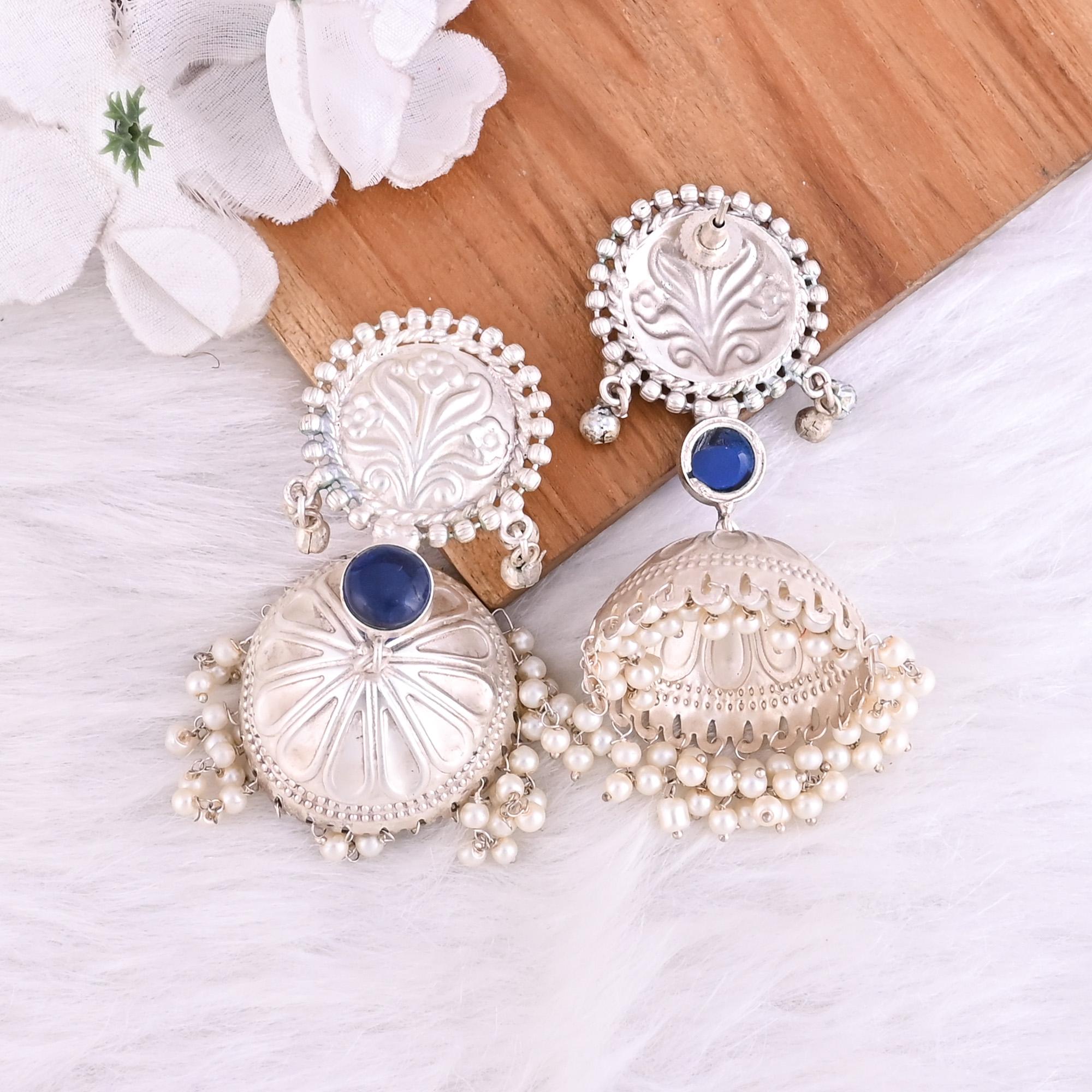 Ink Blue Hydro Pearl Stone German Silver Ethnic Design Dangle Earring