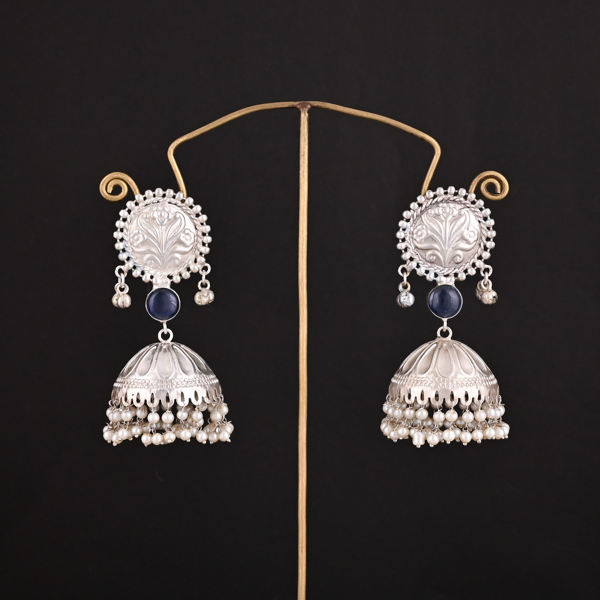 Ink Blue Hydro Pearl Stone German Silver Ethnic Design Dangle Earring