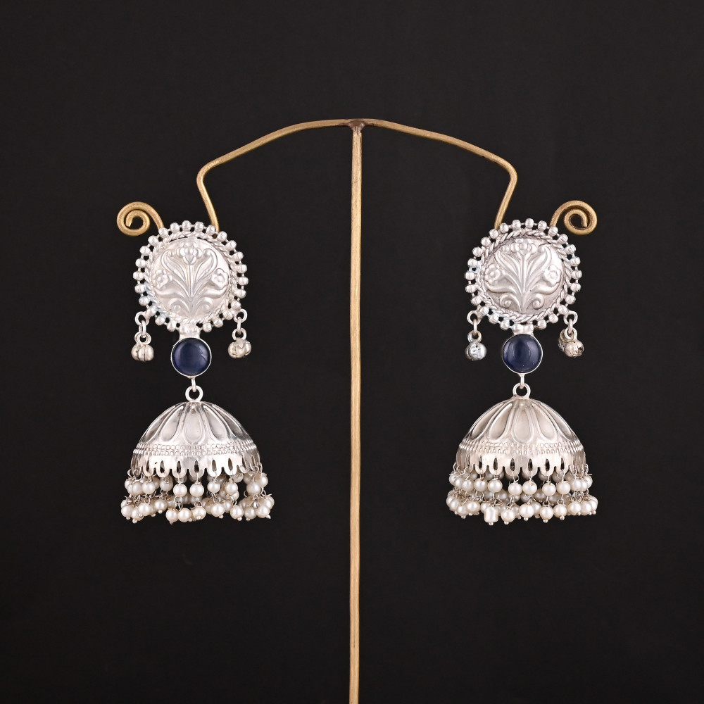 Image of Ink Blue Hydro, Pearl Stone German Silver Ethnic Design Dangle Earring
