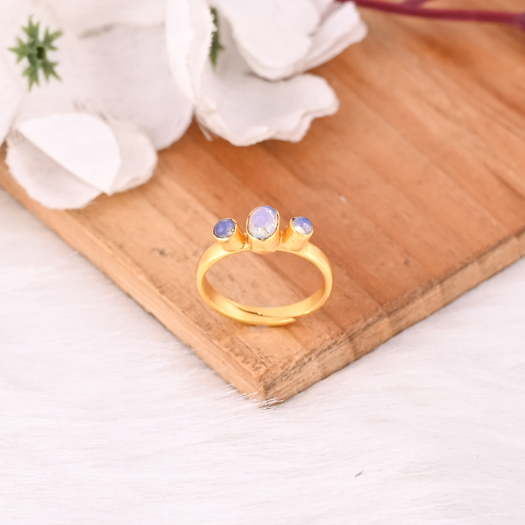Opalite Hydro Gemstone Solid 925 Sterling Silver Yellow Gold Plated Women Adjustable Ring Unique Gift For Her