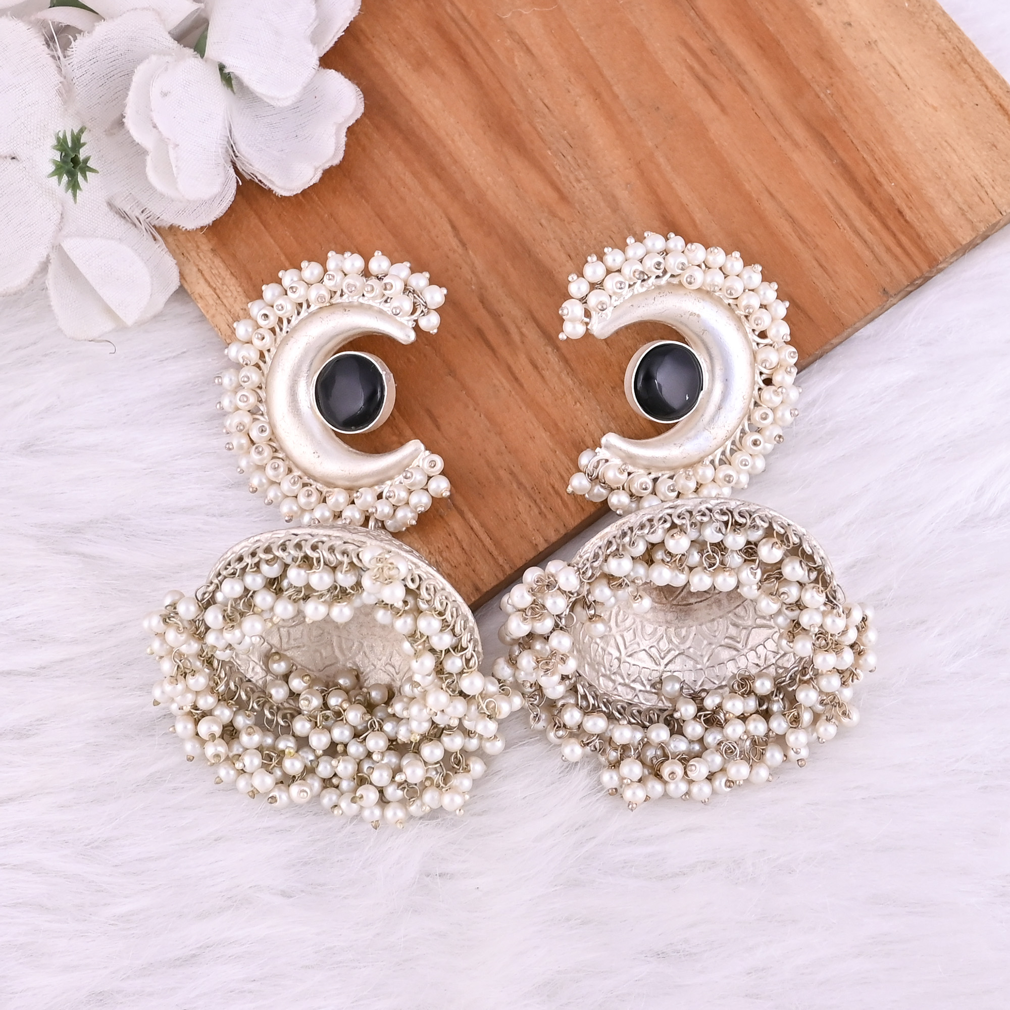 Black Onyx Pearls Stone German Silver Ethnic Design Jhumka Earring