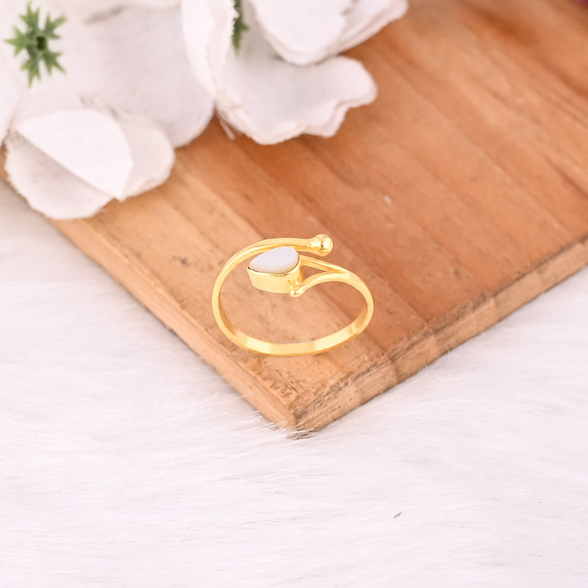 925 Sterling Silver Mother Of Pearl Gemstone Yellow Gold Plated Designer Ring Statement Adjustable Handmade Jewelry