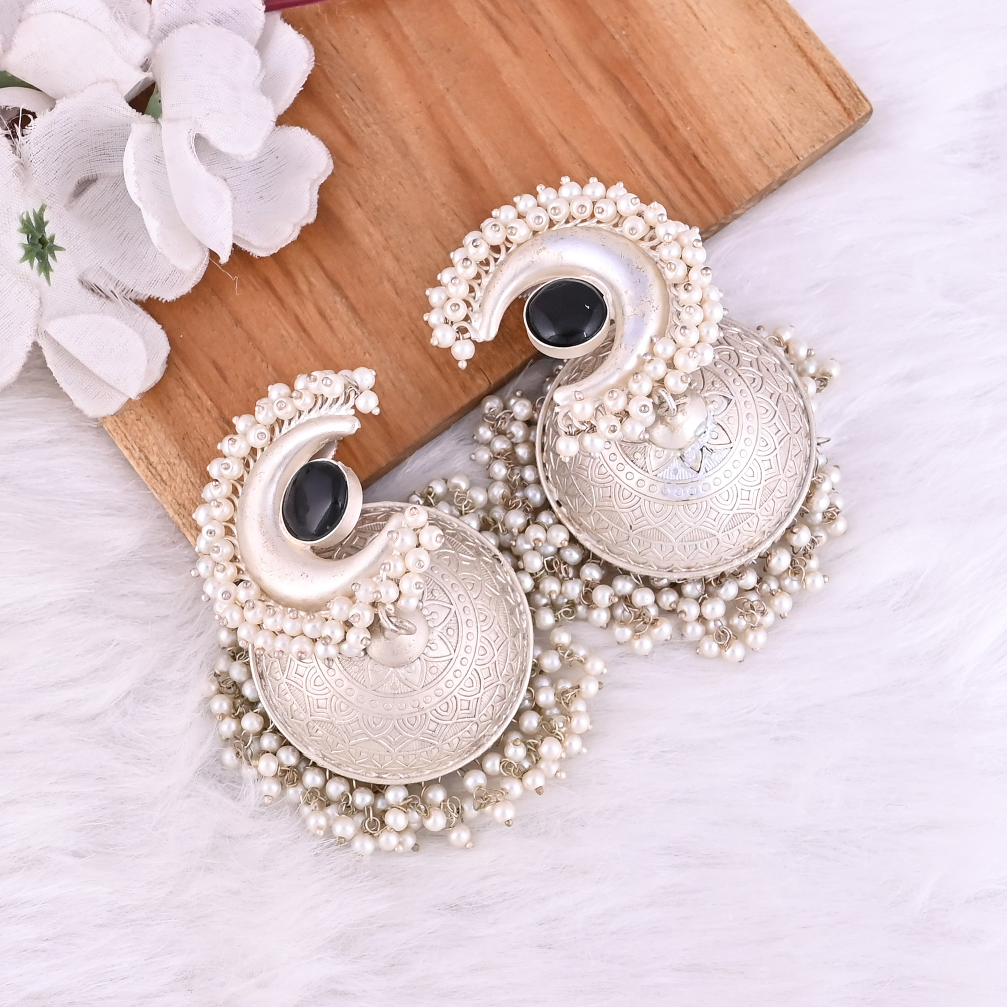 Black Onyx Pearls Stone German Silver Ethnic Design Jhumka Earring