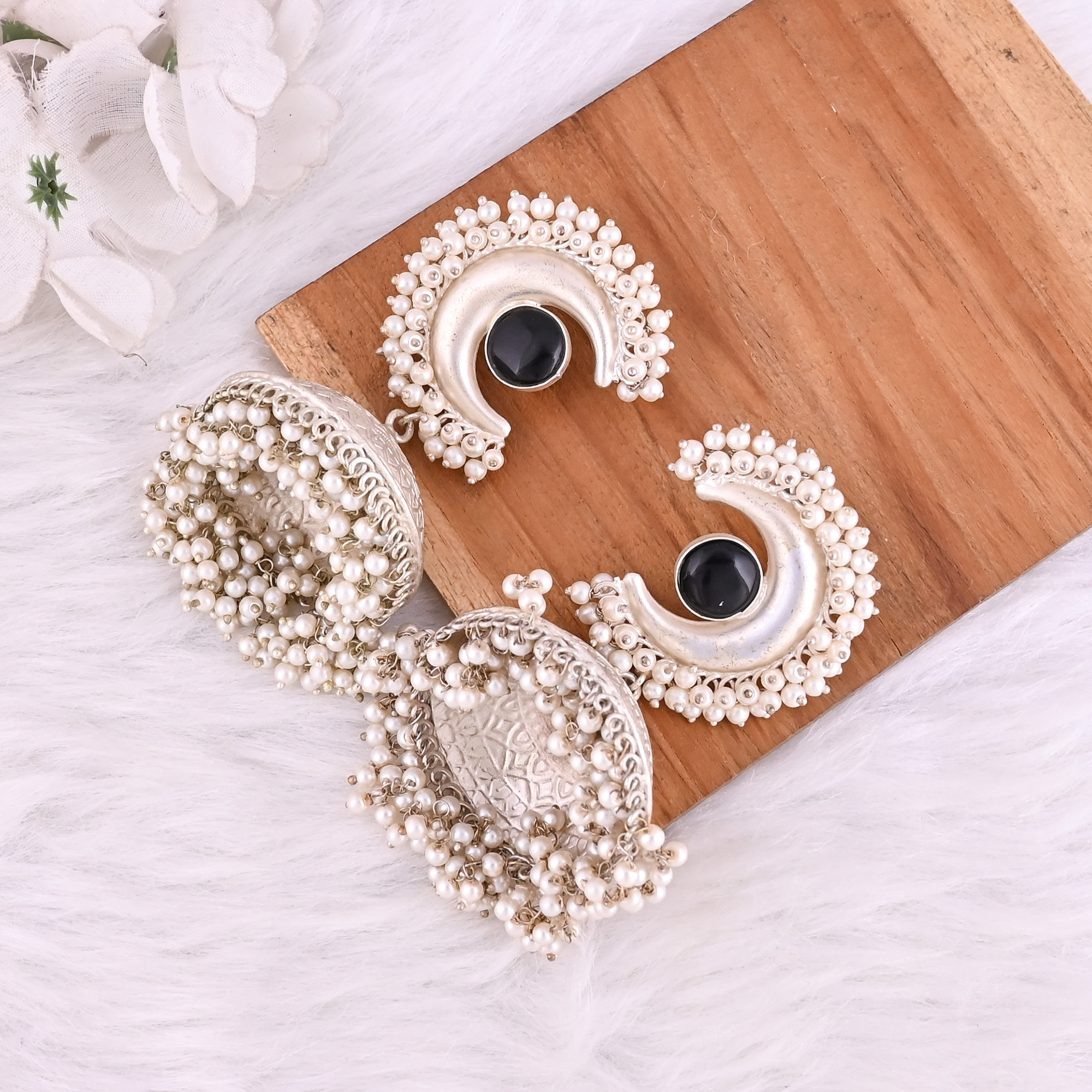 Black Onyx Pearls Stone German Silver Ethnic Design Jhumka Earring