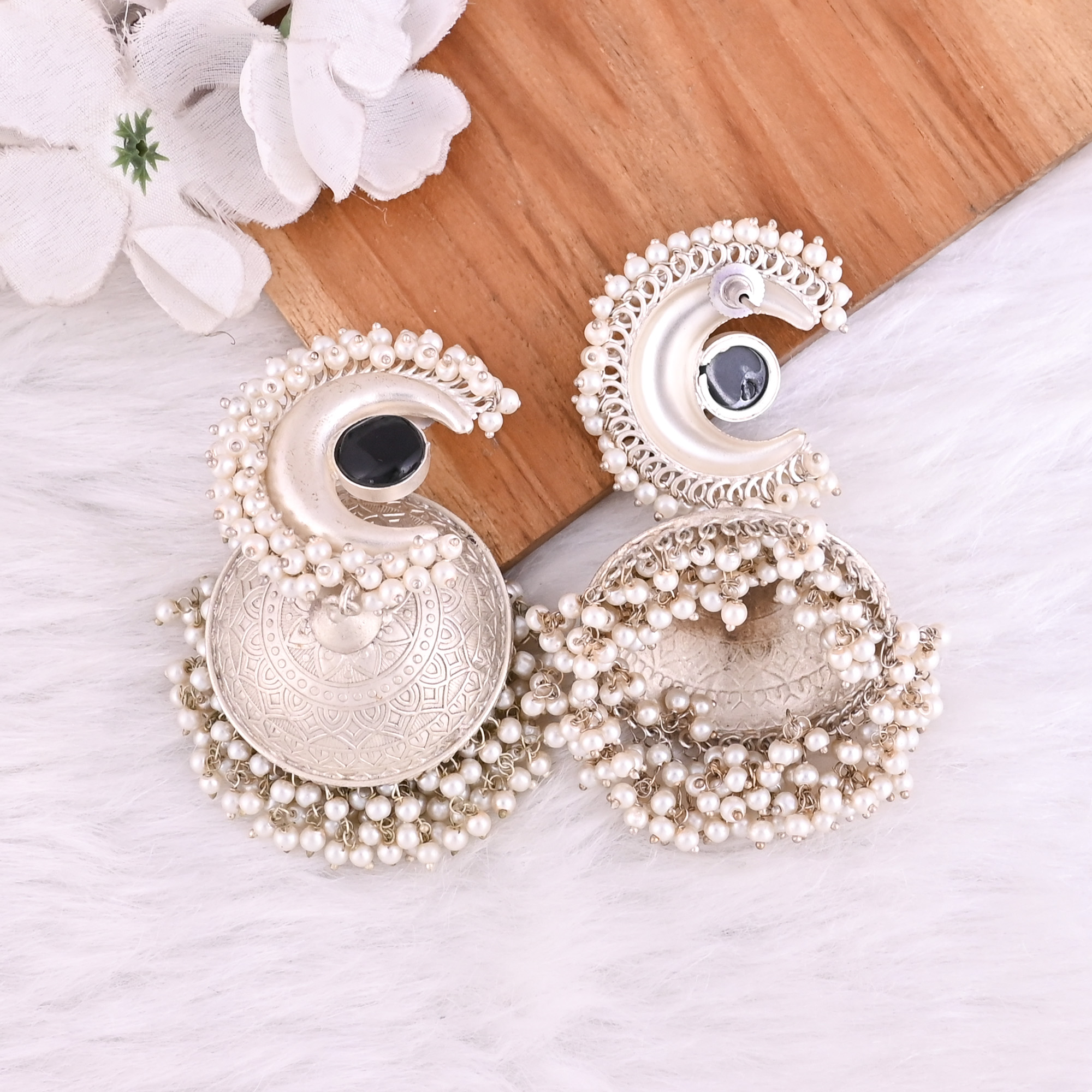 Black Onyx Pearls Stone German Silver Ethnic Design Jhumka Earring