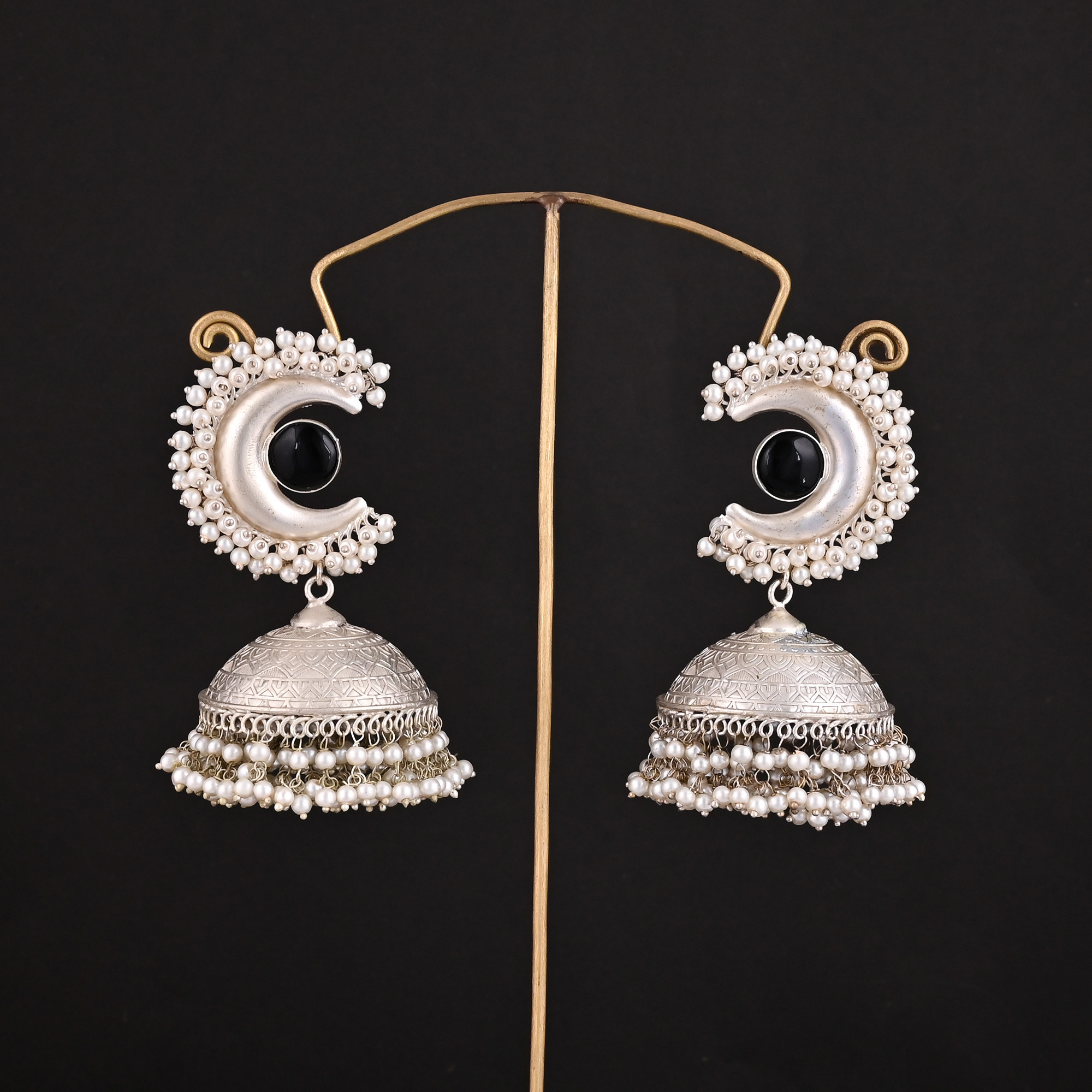 Black Onyx Pearls Stone German Silver Ethnic Design Jhumka Earring
