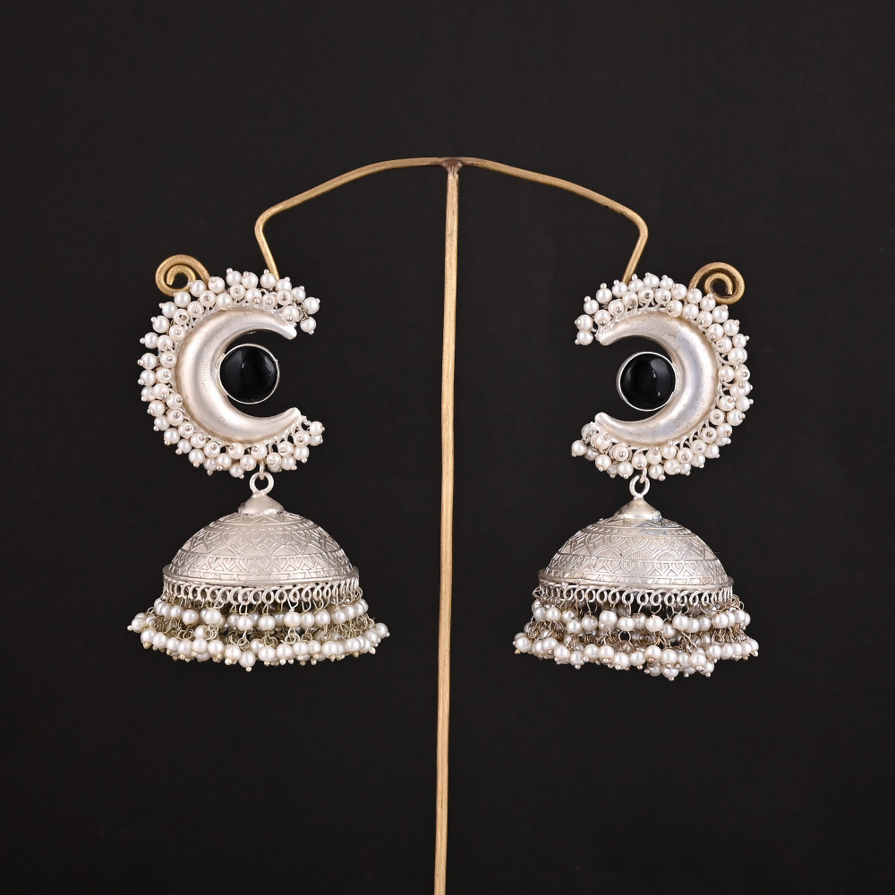 Image of Black Onyx, Pearl's Stone German Silver Ethnic Design Jhumka Earring