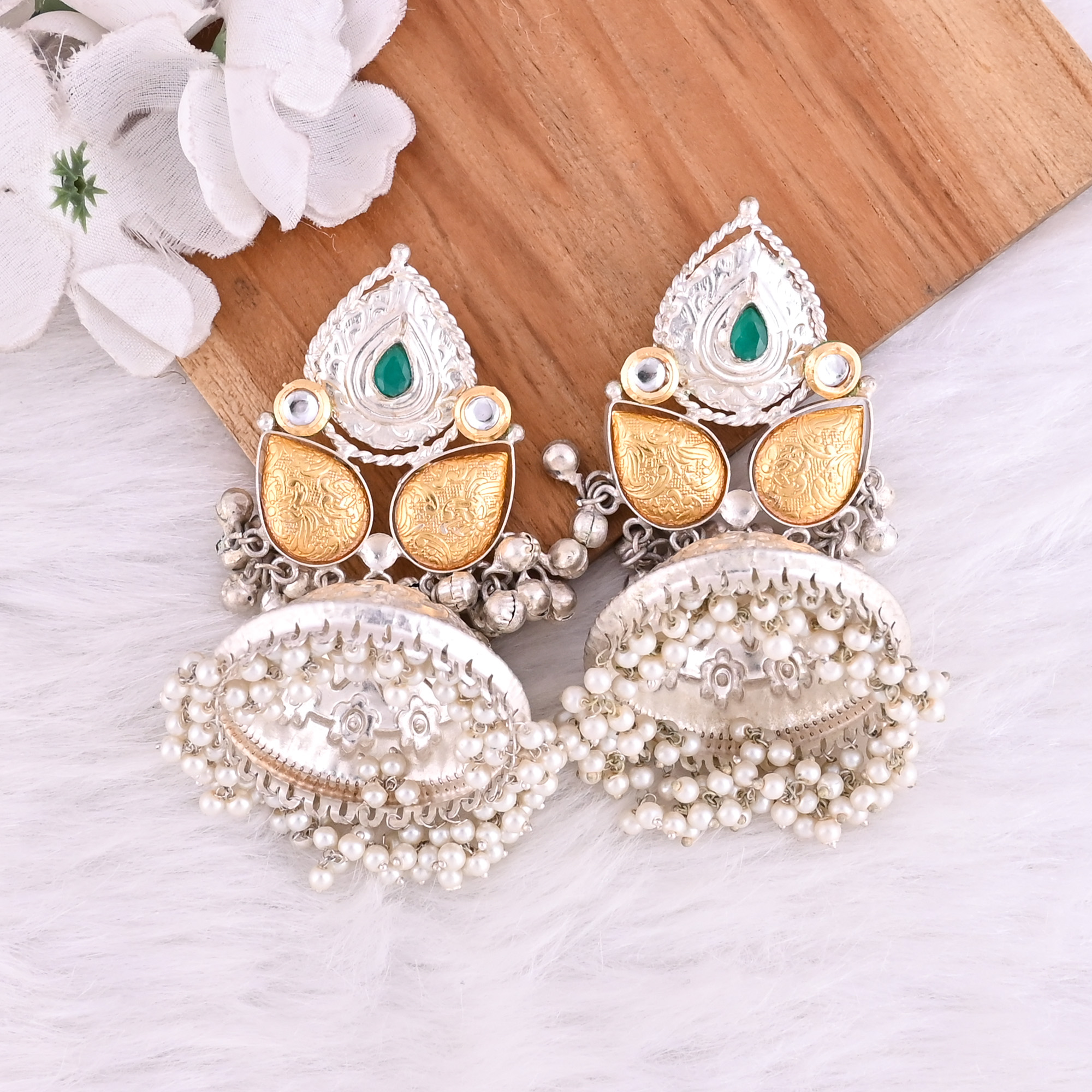 Green Onyx Kundan Pearl Stone German Silver Ethnic Design Dangle Earring