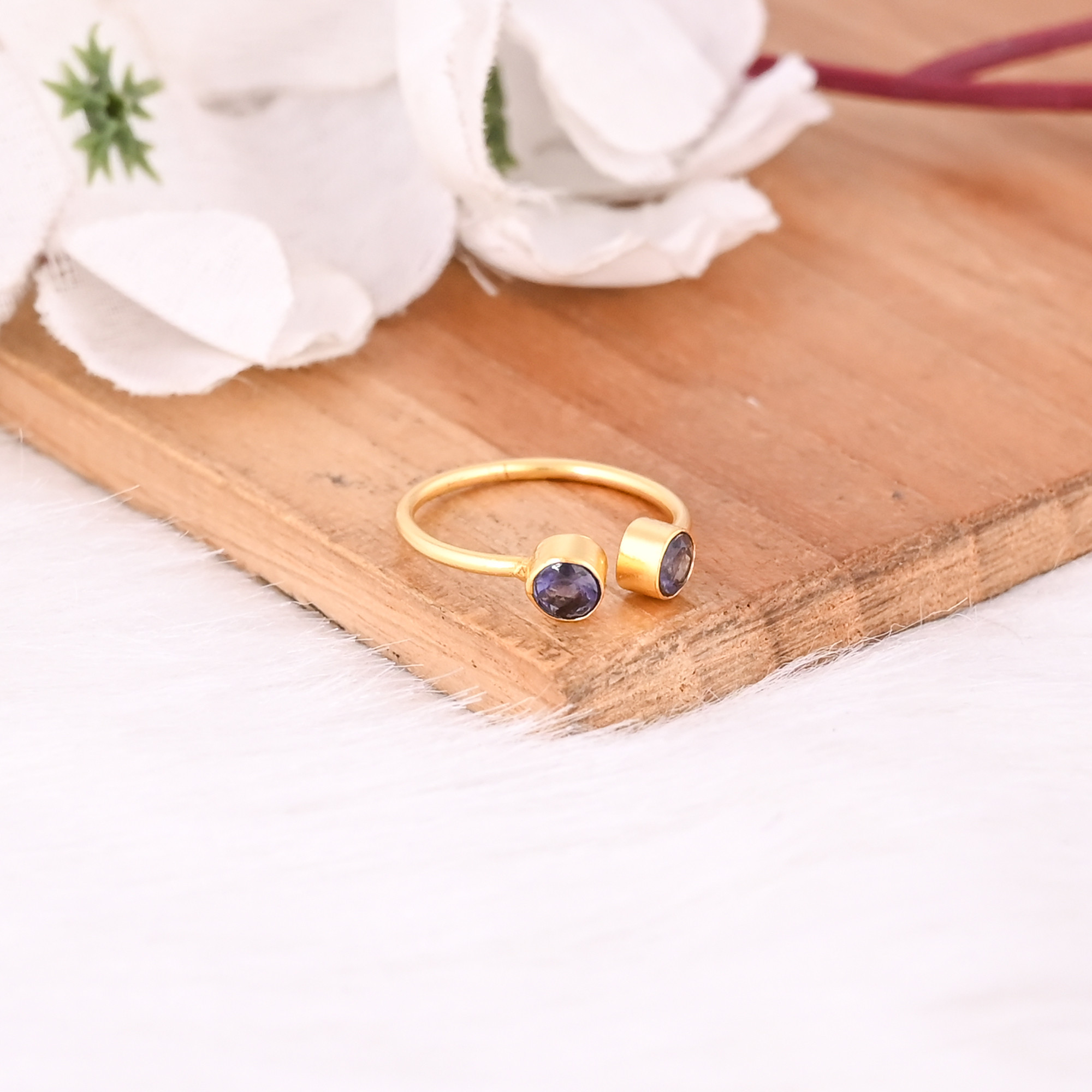 Solid 925 Sterling Silver Yellow Gold Plated Natural Iolite Gemstone Adjustable Handmade Designer Gift