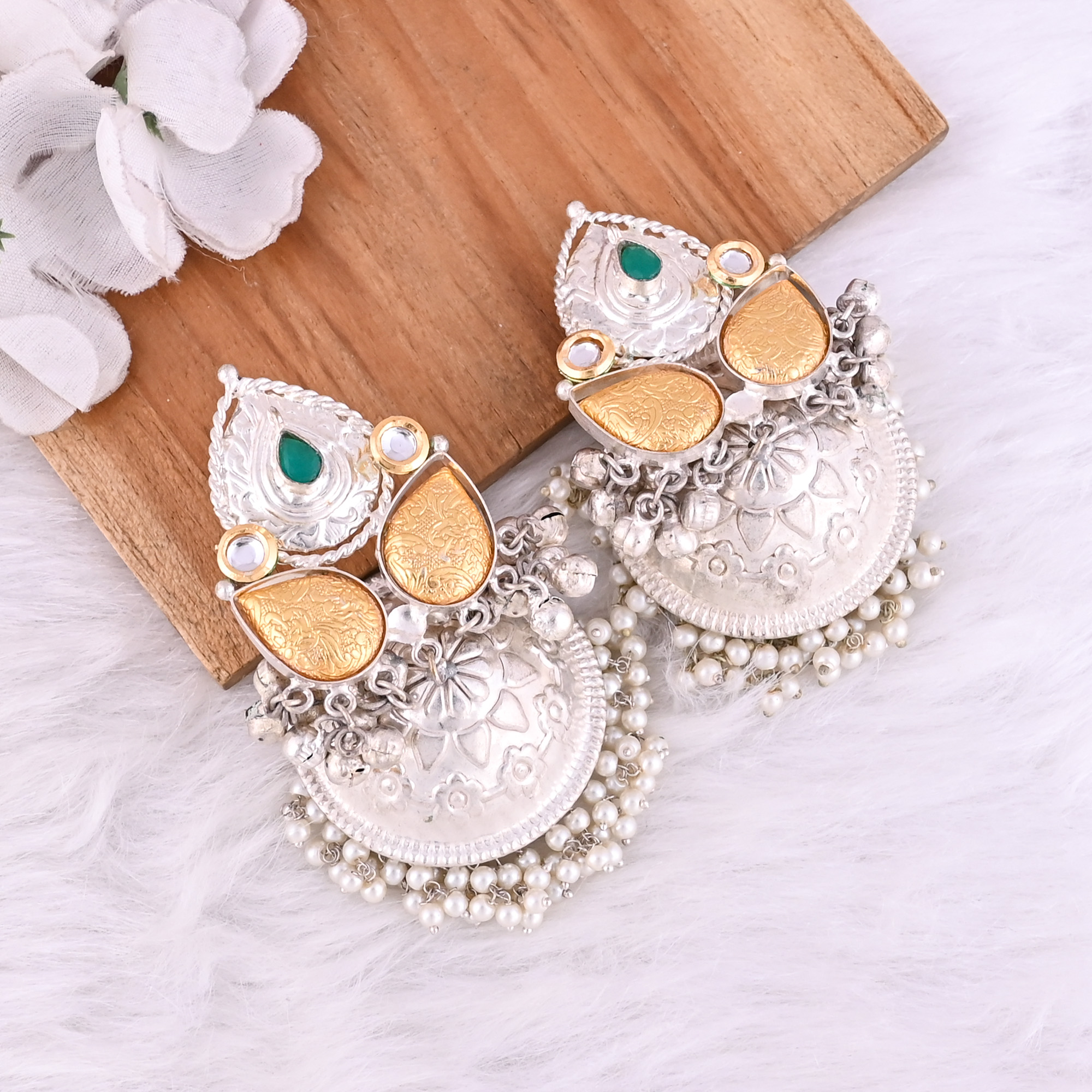 Green Onyx Kundan Pearl Stone German Silver Ethnic Design Dangle Earring
