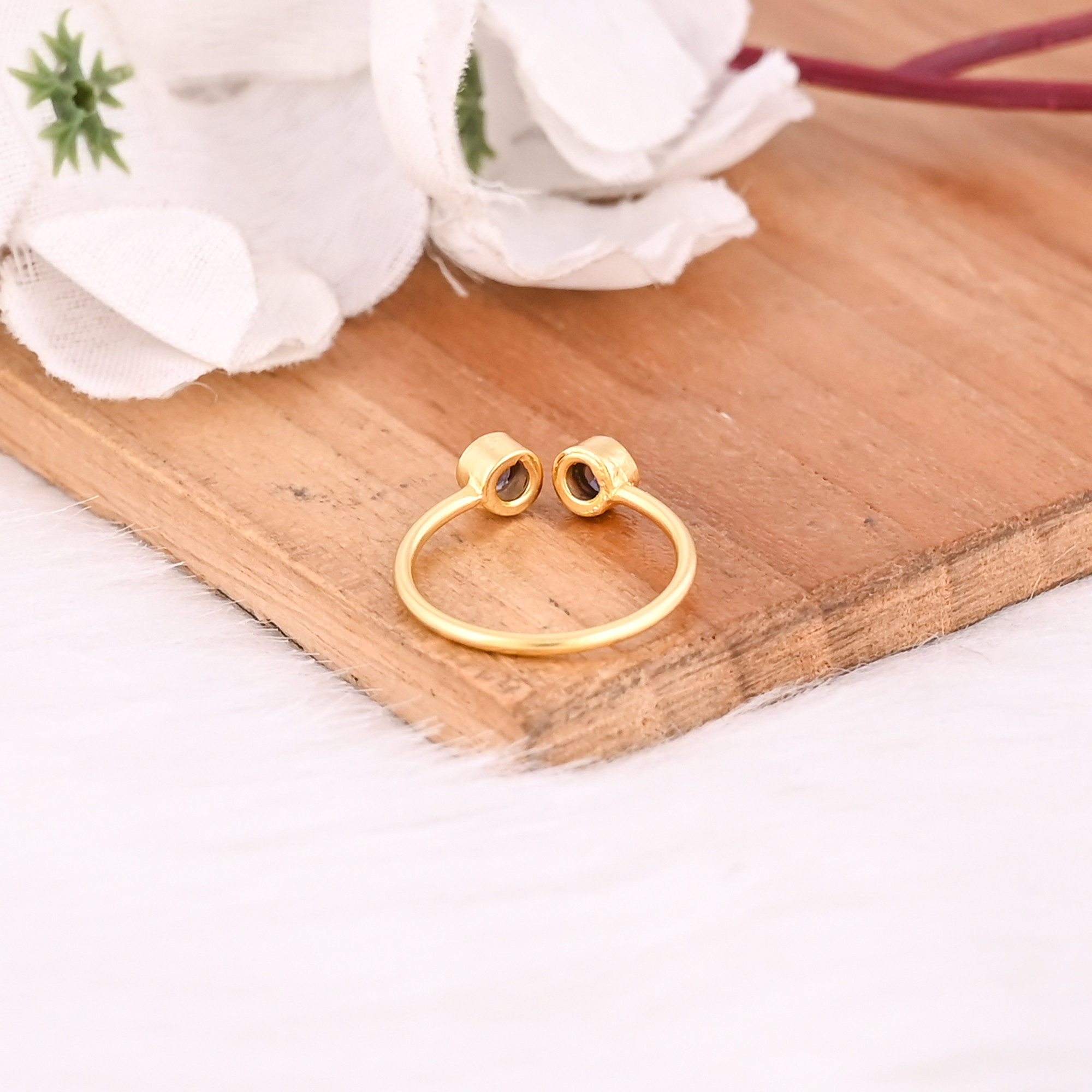 Solid 925 Sterling Silver Yellow Gold Plated Natural Iolite Gemstone Adjustable Handmade Designer Gift